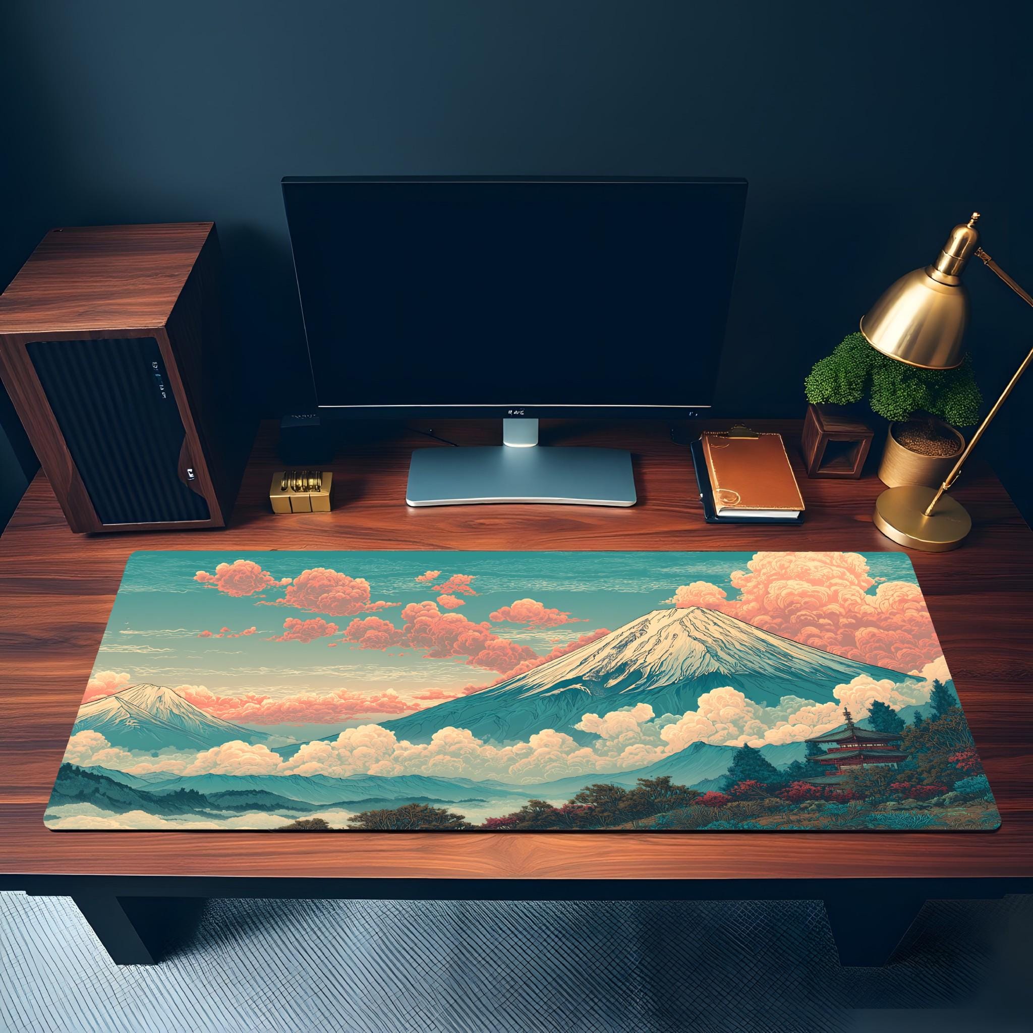 Mount Fuji Desk Mat Japanese Landscape – Vintage Teal Coral Gaming Desk Pad Mount Fuji Desk Mat Japanese Landscape – Vintage Teal Coral Gaming Desk Pad