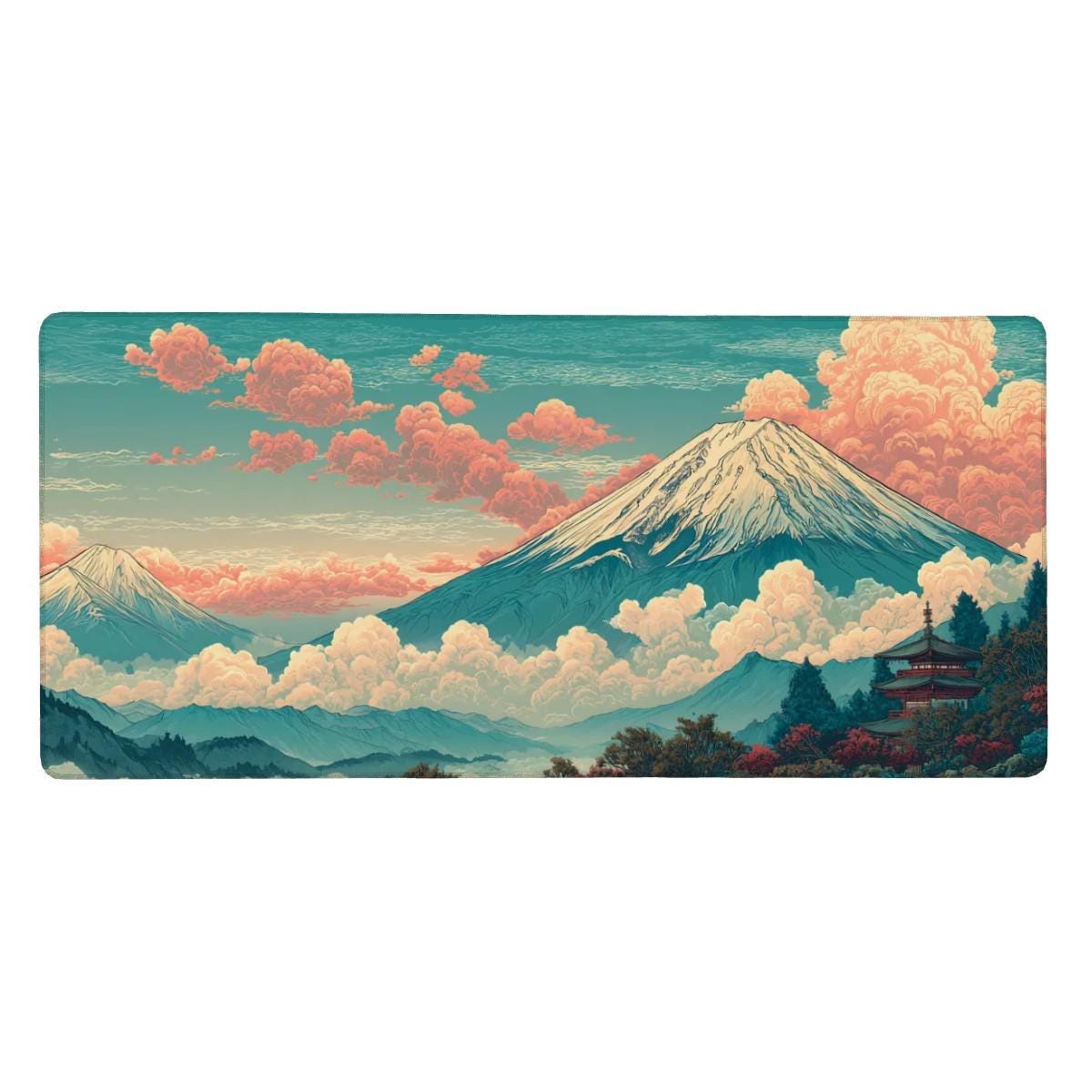 Mount Fuji Desk Mat Japanese Landscape – Vintage Teal Coral Gaming Desk Pad Mount Fuji Desk Mat Japanese Landscape – Vintage Teal Coral Gaming Desk Pad