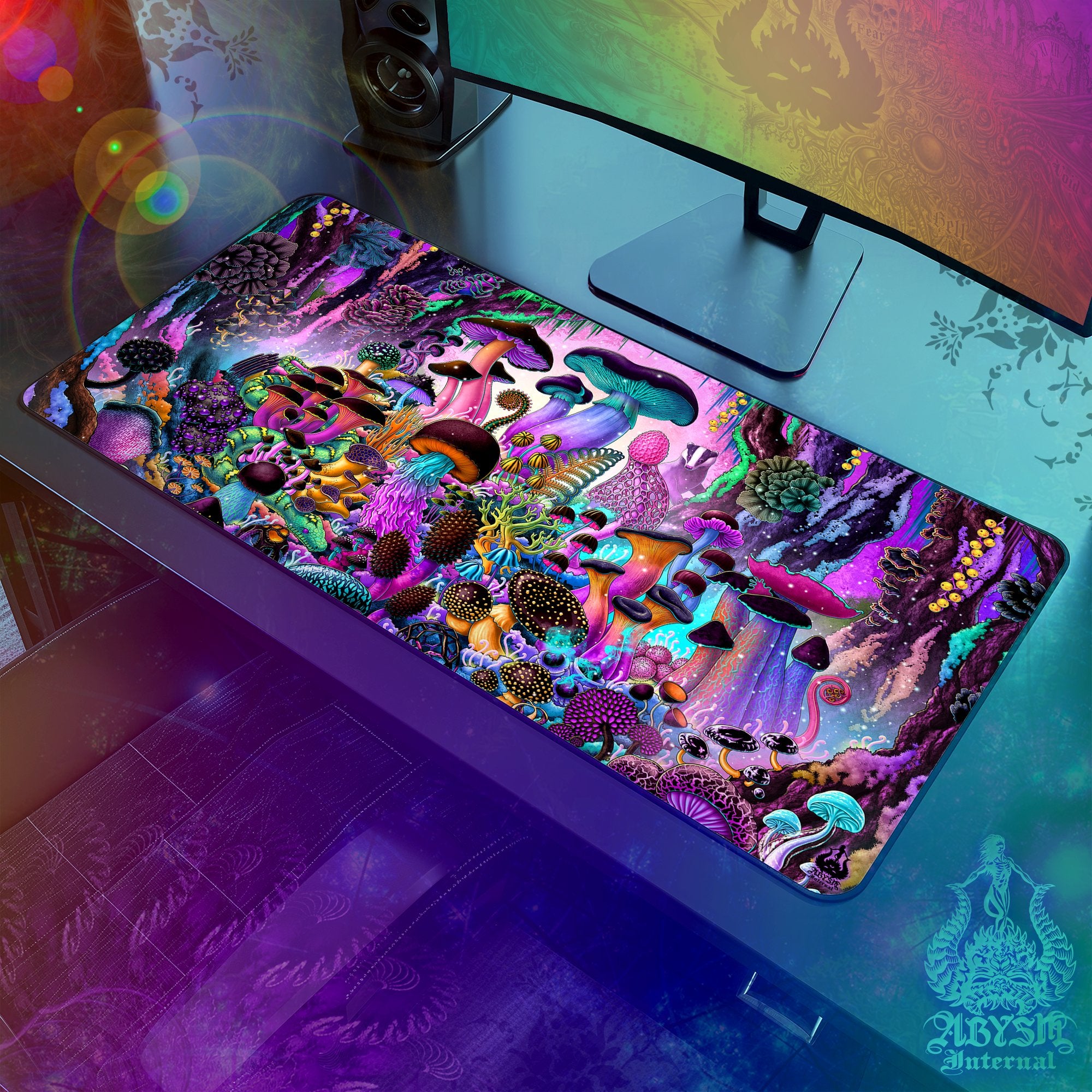 Mushrooms Gaming Mouse Pad, Magic Shrooms Desk Mat, Pastel Black Table Protector Cover, Colorful Workpad