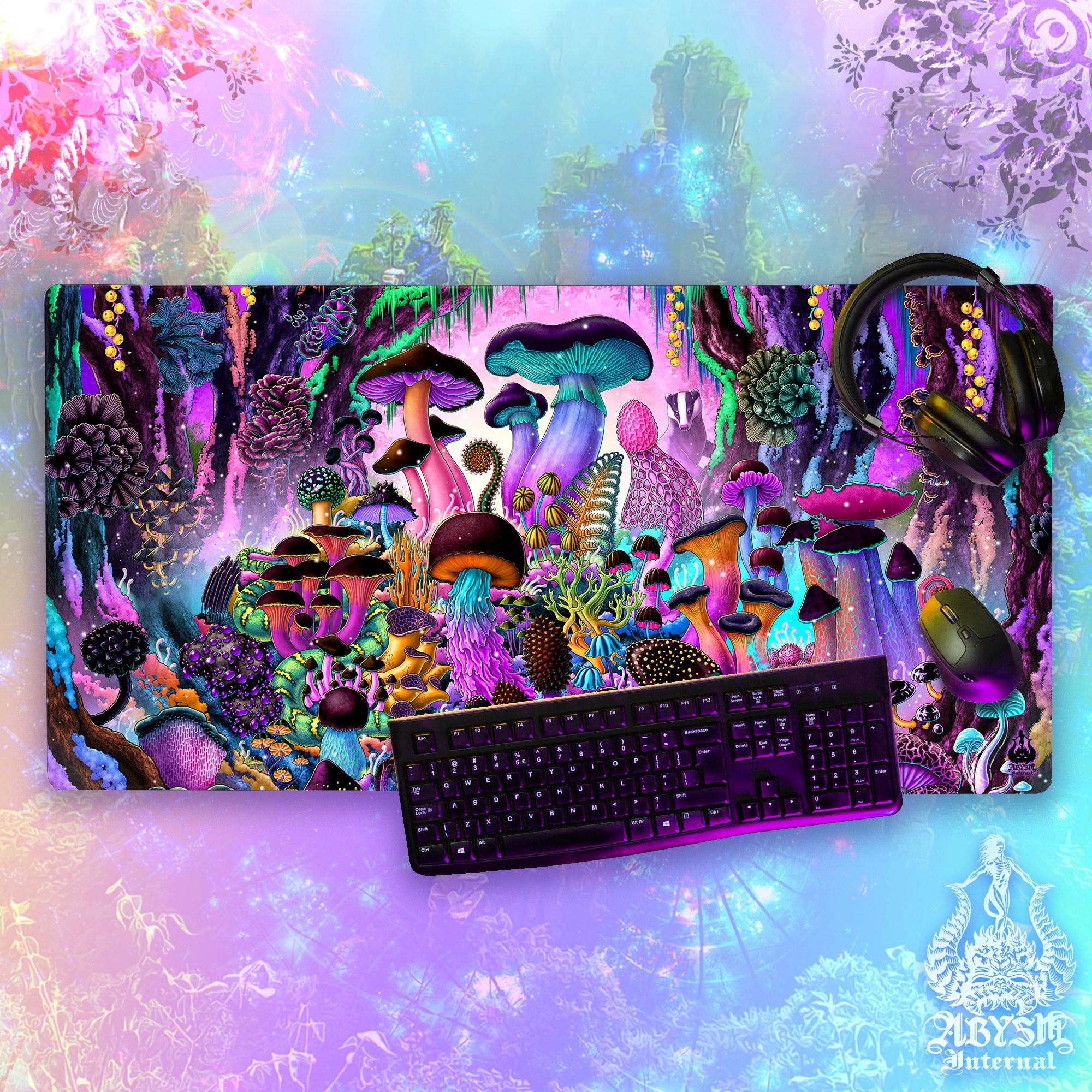 Mushrooms Gaming Mouse Pad, Magic Shrooms Desk Mat, Pastel Black Table Protector Cover, Colorful Workpad Mushrooms Gaming Mouse Pad, Magic Shrooms Desk Mat, Pastel Black Table Protector Cover, Colorful Workpad