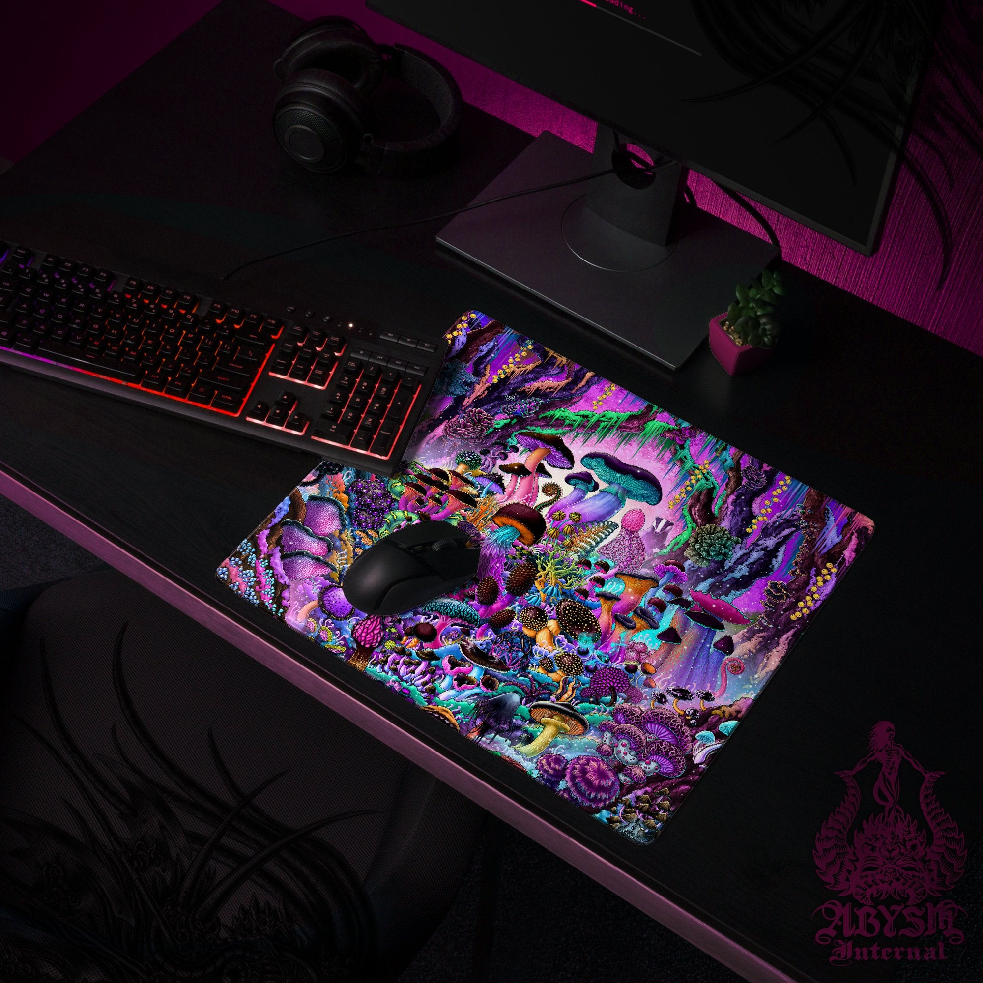 Mushrooms Gaming Mouse Pad, Magic Shrooms Desk Mat, Pastel Black Table Protector Cover, Colorful Workpad Mushrooms Gaming Mouse Pad, Magic Shrooms Desk Mat, Pastel Black Table Protector Cover, Colorful Workpad