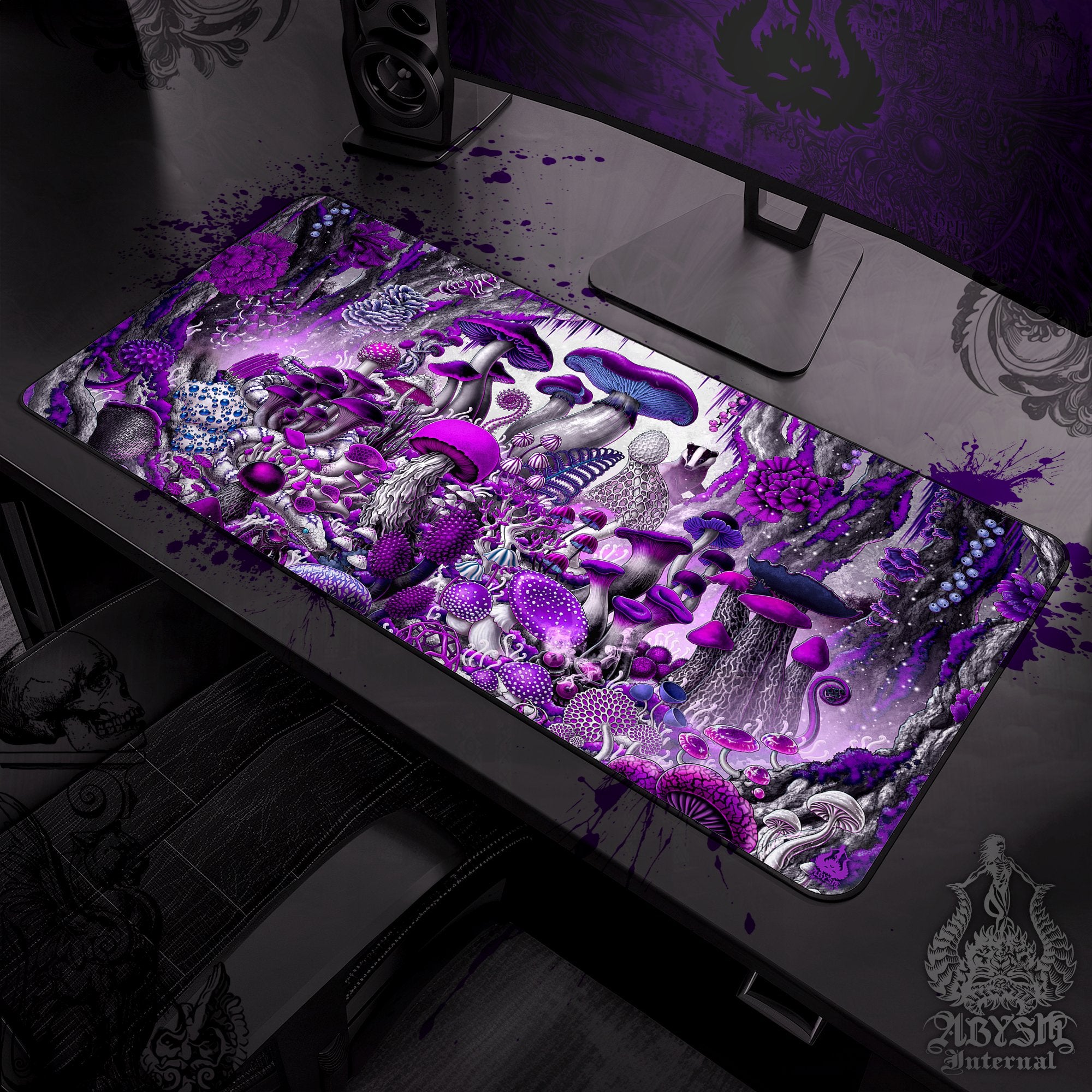 Mushrooms Gaming Mouse Pad, White Goth Desk Mat, Magic Shrooms Table Protector Cover, Purple Workpad