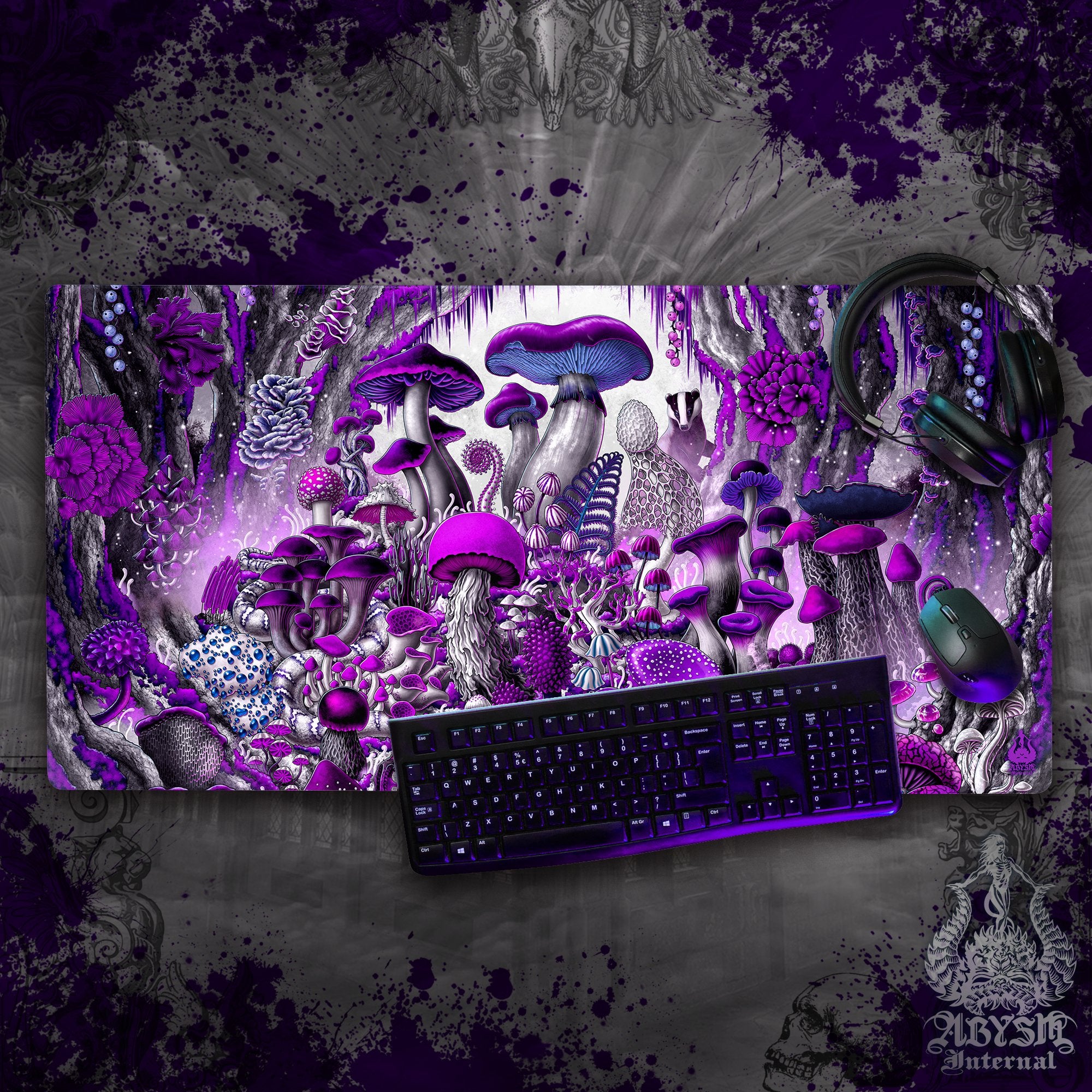 Mushrooms Gaming Mouse Pad, White Goth Desk Mat, Magic Shrooms Table Protector Cover, Purple Workpad Mushrooms Gaming Mouse Pad, White Goth Desk Mat, Magic Shrooms Table Protector Cover, Purple Workpad