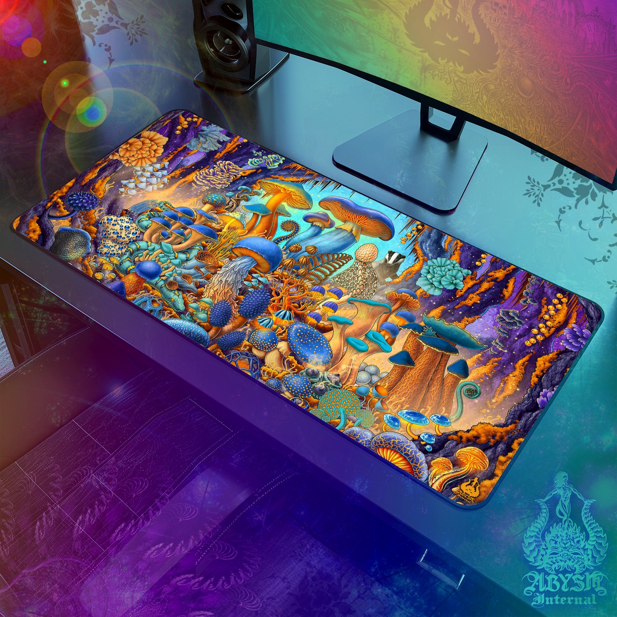 Mushrooms Mouse Pad, Magic Shrooms Gaming Desk Mat, Colorful Table Protector Cover, Cyan and Gold Workpad, Botany Art Print