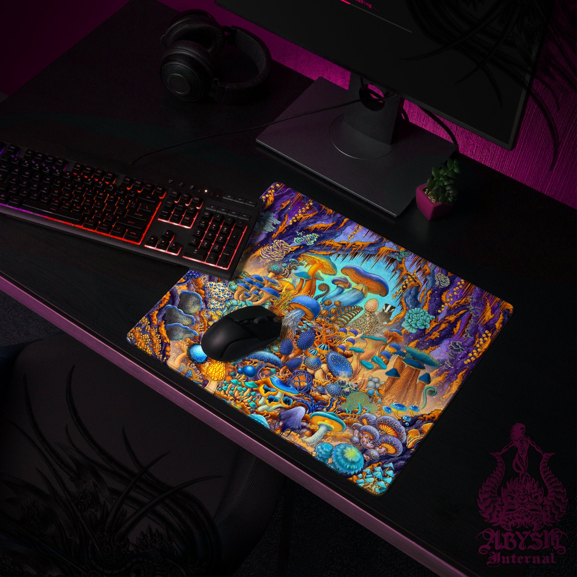 Mushrooms Mouse Pad, Magic Shrooms Gaming Desk Mat, Colorful Table Protector Cover, Cyan and Gold Workpad, Botany Art Print Mushrooms Mouse Pad, Magic Shrooms Gaming Desk Mat, Colorful Table Protector Cover, Cyan and Gold Workpad, Botany Art Print