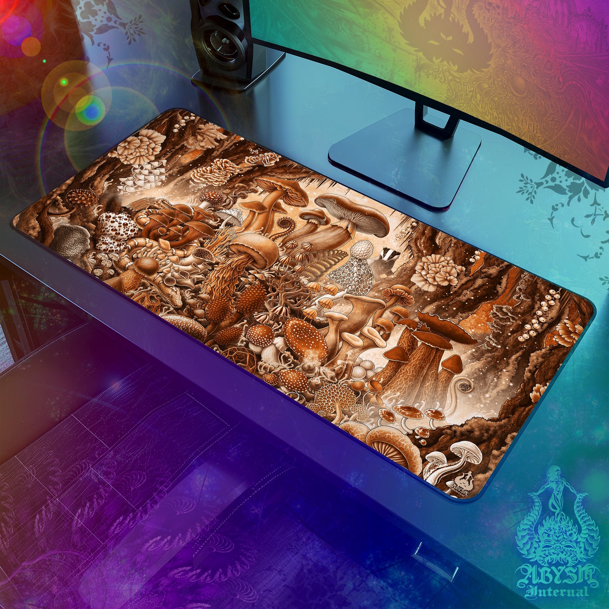 Mushrooms Table Cover, Magic Forest Workpad, Botany Desk Mat Protector, Gaming Mouse Pad, Biology Art Print Gift – Cream