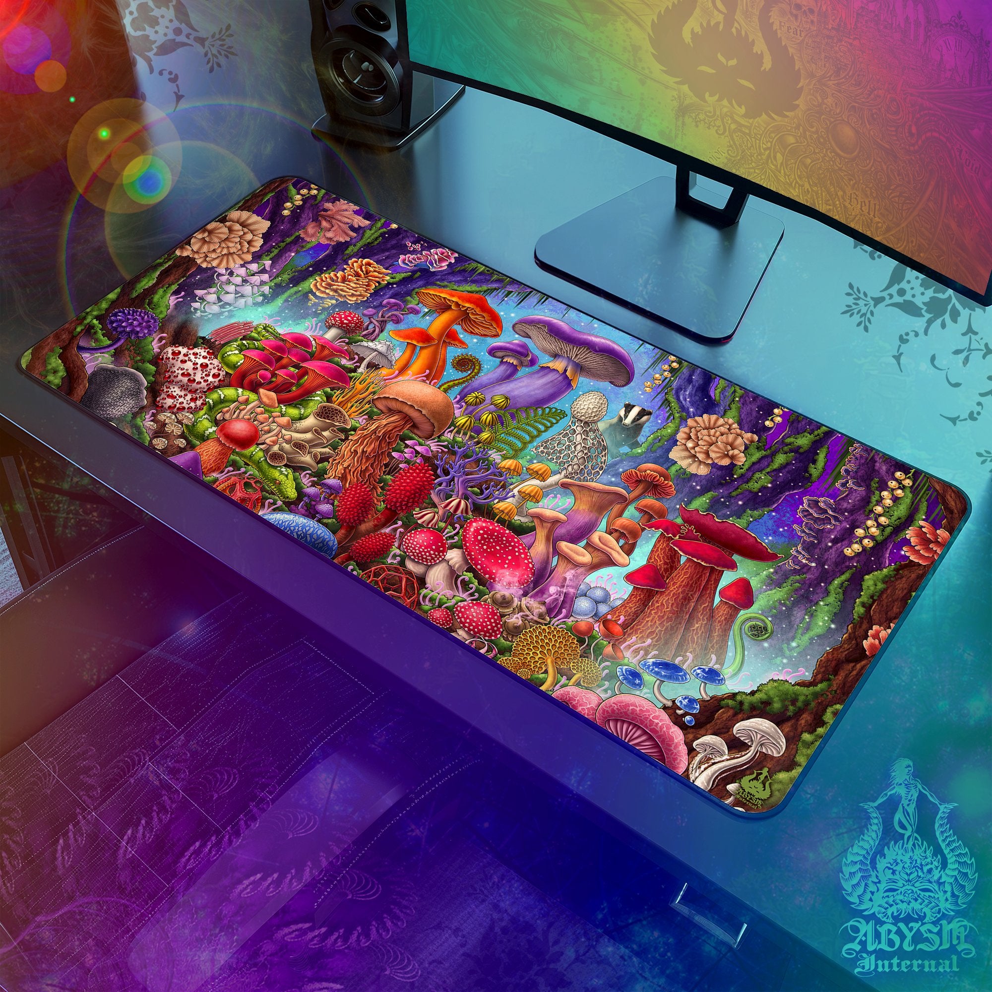 Mushrooms Workpad, Magic Forest Desk Mat, Colorful Gaming Mouse Pad, Table Protector Cover, Botany & Biology Art Print Gift – Original