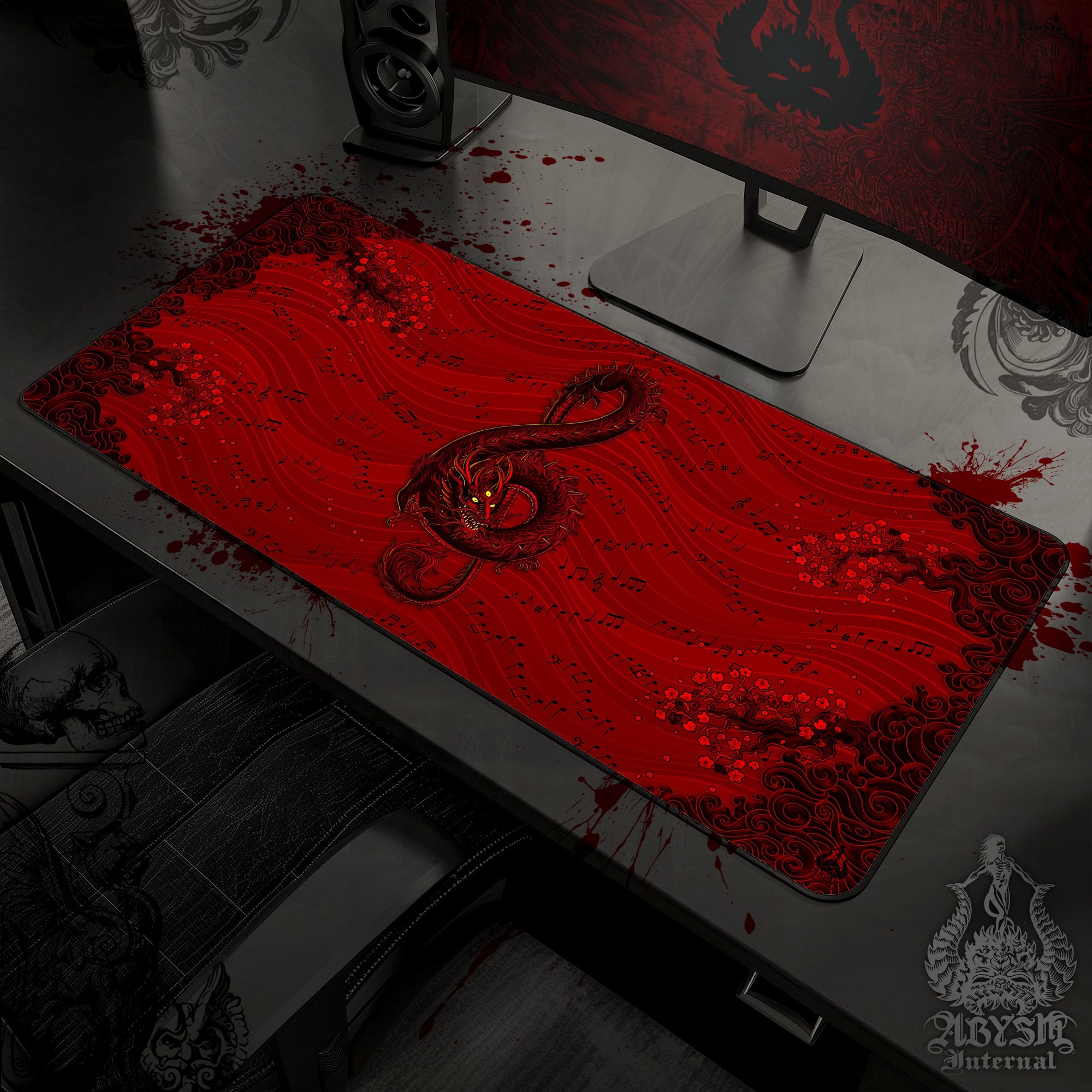 Music Desk Mat, Black Dragon Gaming Mouse Pad, Asian Table Protector Cover, Red Goth Workpad, Treble Clef Art Print – Demon