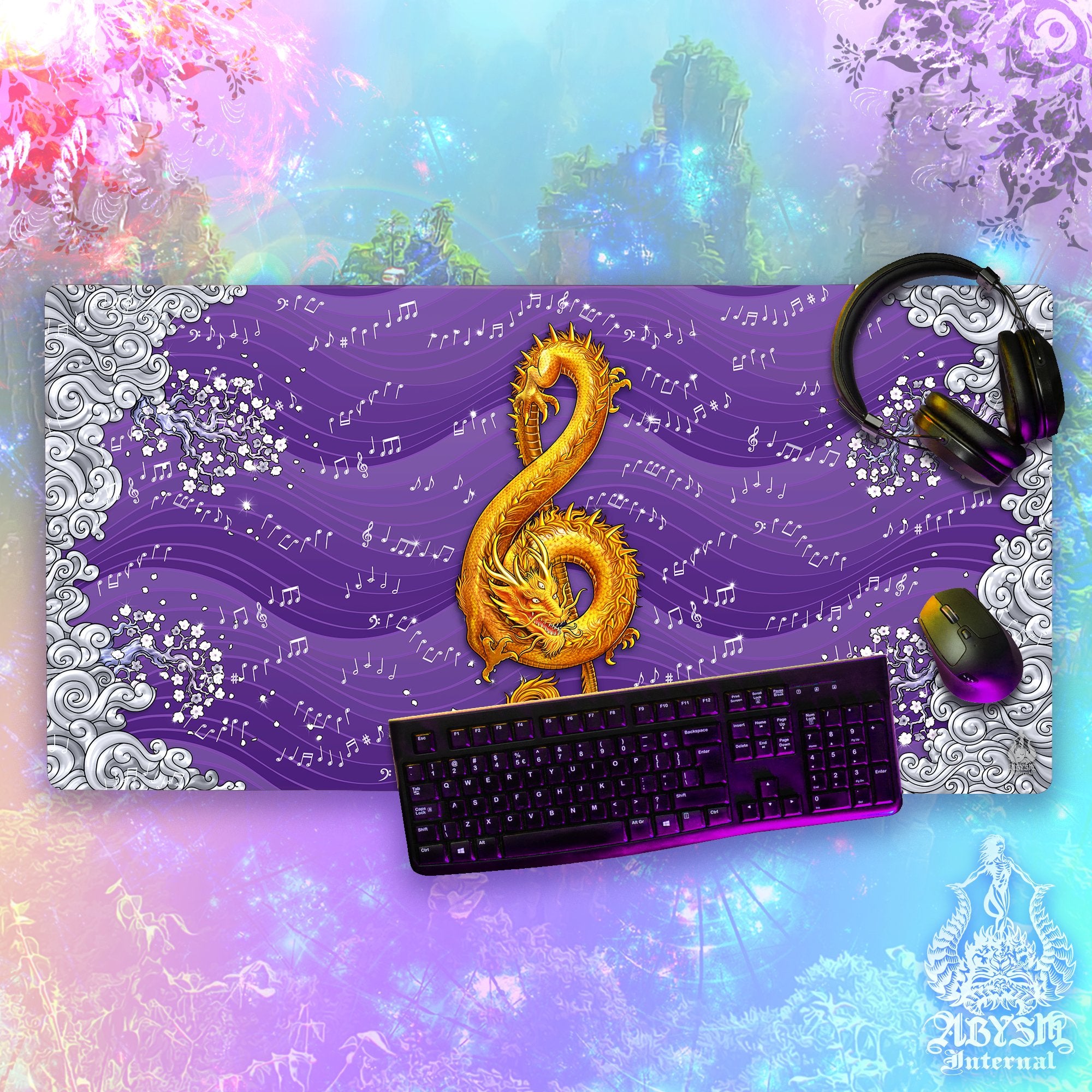 Music Gaming Desk Mat, Dragon Mouse Pad, Asian Table Protector Cover, Chinese Art Workpad, Treble Clef Print – Purple, Gold, Blue, 3 Colors