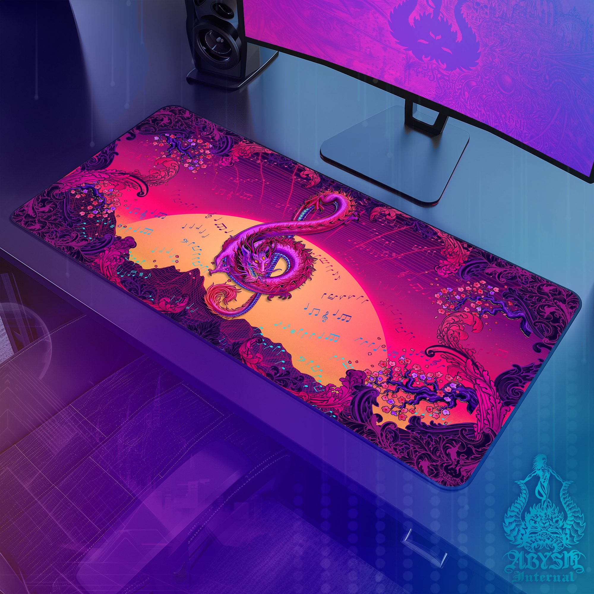 Music Gaming Desk Mat, Psychedelic Dragon Mouse Pad, Trippy Asian Table Protector Cover, Vaporwave Workpad, Treble Clef Art Print