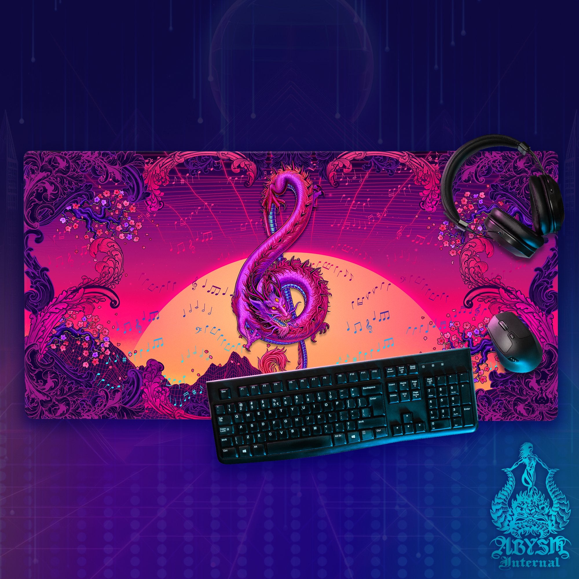Music Gaming Desk Mat, Psychedelic Dragon Mouse Pad, Trippy Asian Table Protector Cover, Vaporwave Workpad, Treble Clef Art Print Music Gaming Desk Mat, Psychedelic Dragon Mouse Pad, Trippy Asian Table Protector Cover, Vaporwave Workpad, Treble Clef Art Print