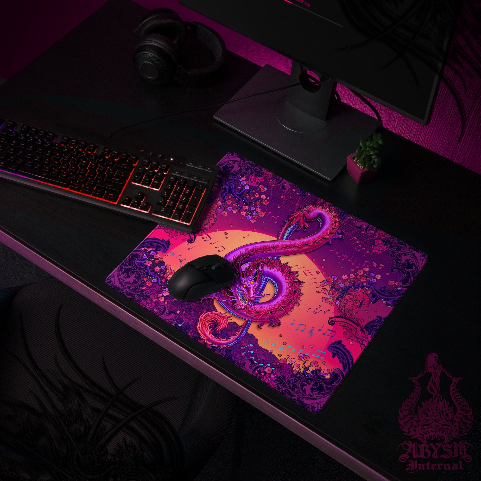 Music Gaming Desk Mat, Psychedelic Dragon Mouse Pad, Trippy Asian Table Protector Cover, Vaporwave Workpad, Treble Clef Art Print Music Gaming Desk Mat, Psychedelic Dragon Mouse Pad, Trippy Asian Table Protector Cover, Vaporwave Workpad, Treble Clef Art Print