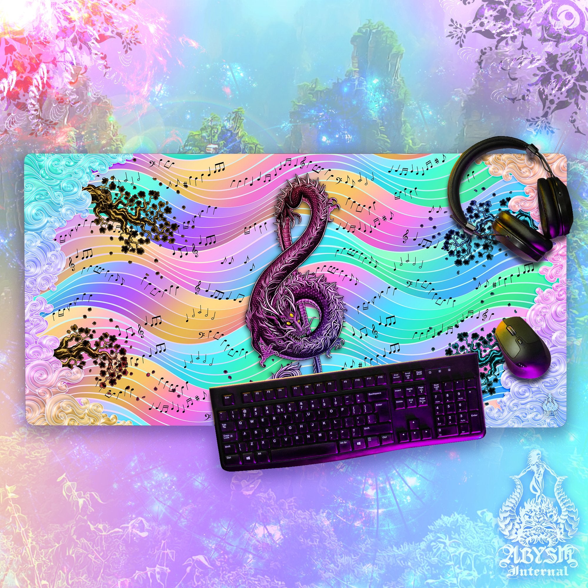 Music Gaming Mouse Pad, Psychedelic Dragon Desk Mat, Girl Gamer Table Protector Cover, Pastel Black Workpad, Asian Treble Clef Art Print – 2 Options