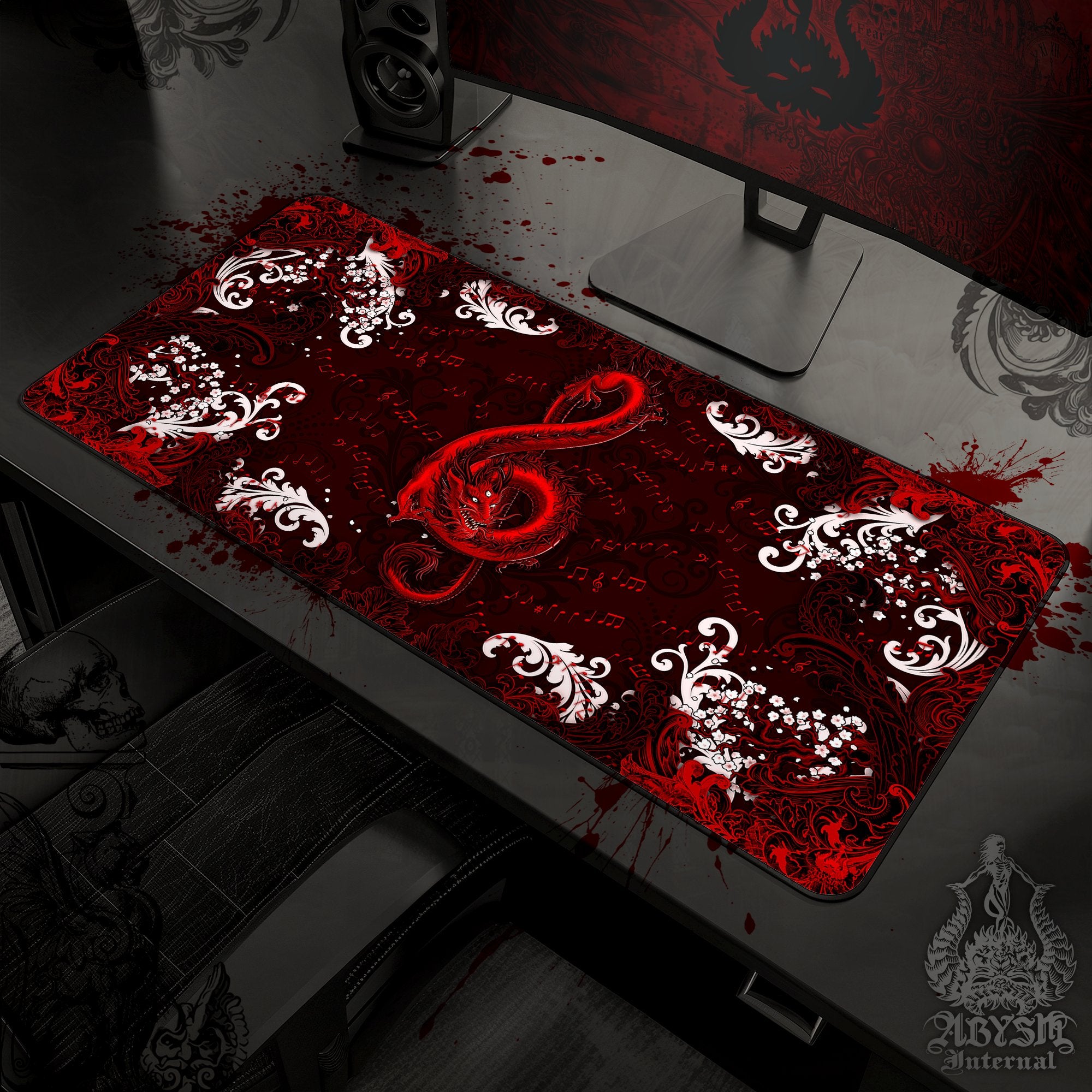 Music Gaming Mouse Pad, Red Dragon Desk Mat, Gothic Table Protector Cover, Bloody Black Workpad, Treble Clef Art Print