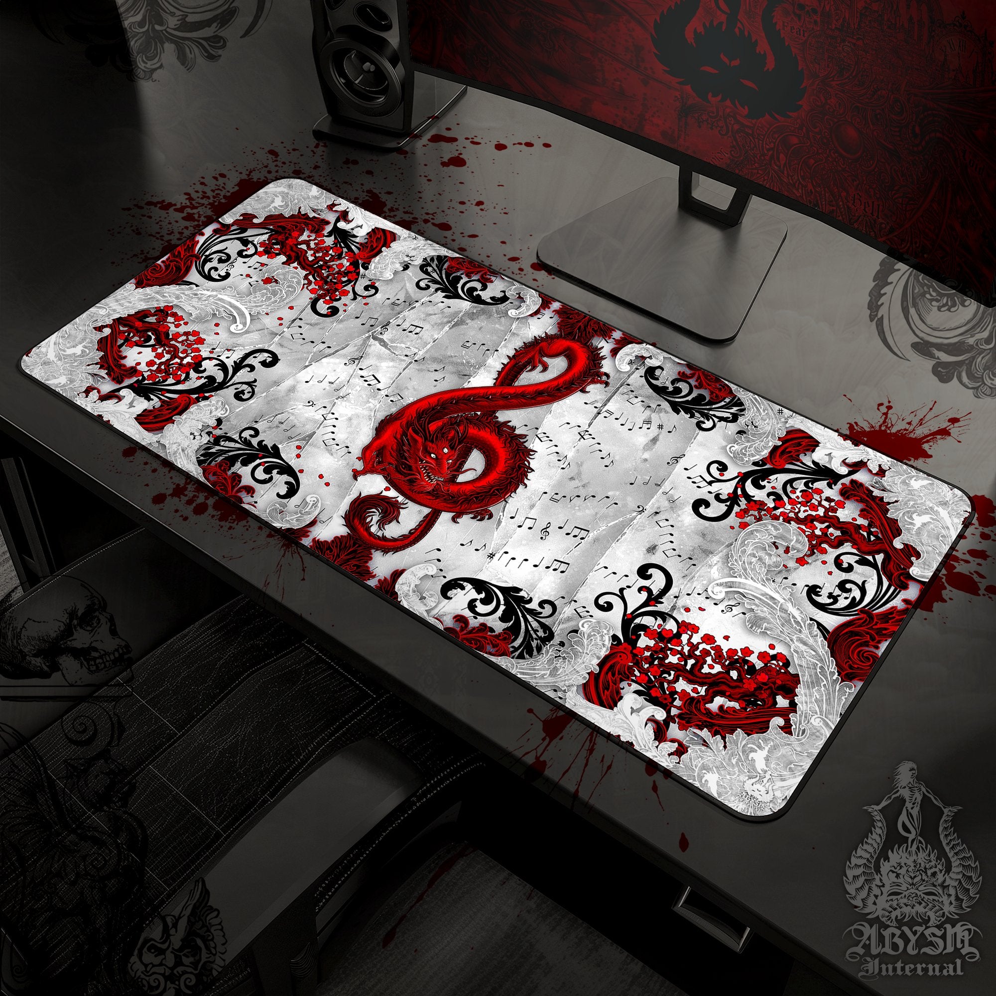 Music Mouse Pad, Red Dragon Gaming Desk Mat, Asian Workpad, Bloody White Goth Table Protector Cover, Treble Clef Art Print