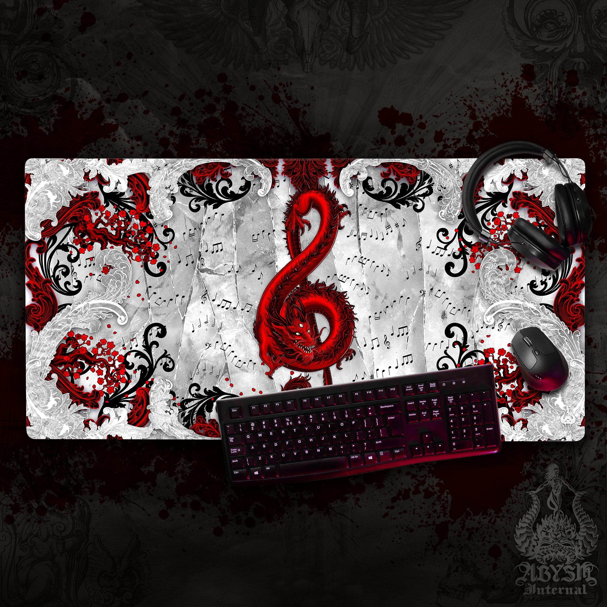 Music Mouse Pad, Red Dragon Gaming Desk Mat, Asian Workpad, Bloody White Goth Table Protector Cover, Treble Clef Art Print Music Mouse Pad, Red Dragon Gaming Desk Mat, Asian Workpad, Bloody White Goth Table Protector Cover, Treble Clef Art Print