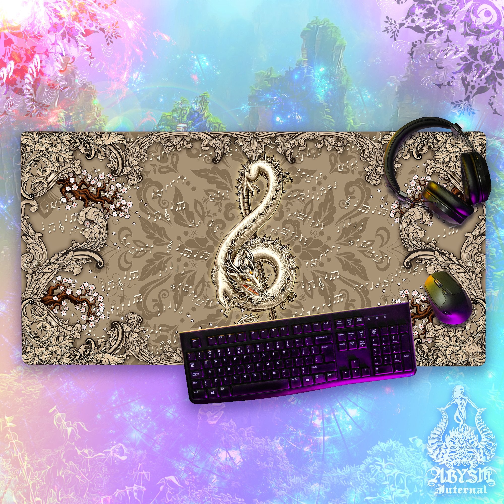 Music Workpad, Dragon Desk Mat, Asian Gaming Mouse Pad, Fantasy Table Protector Cover, Treble Clef Art Print – Cream, Violin, 2 Options