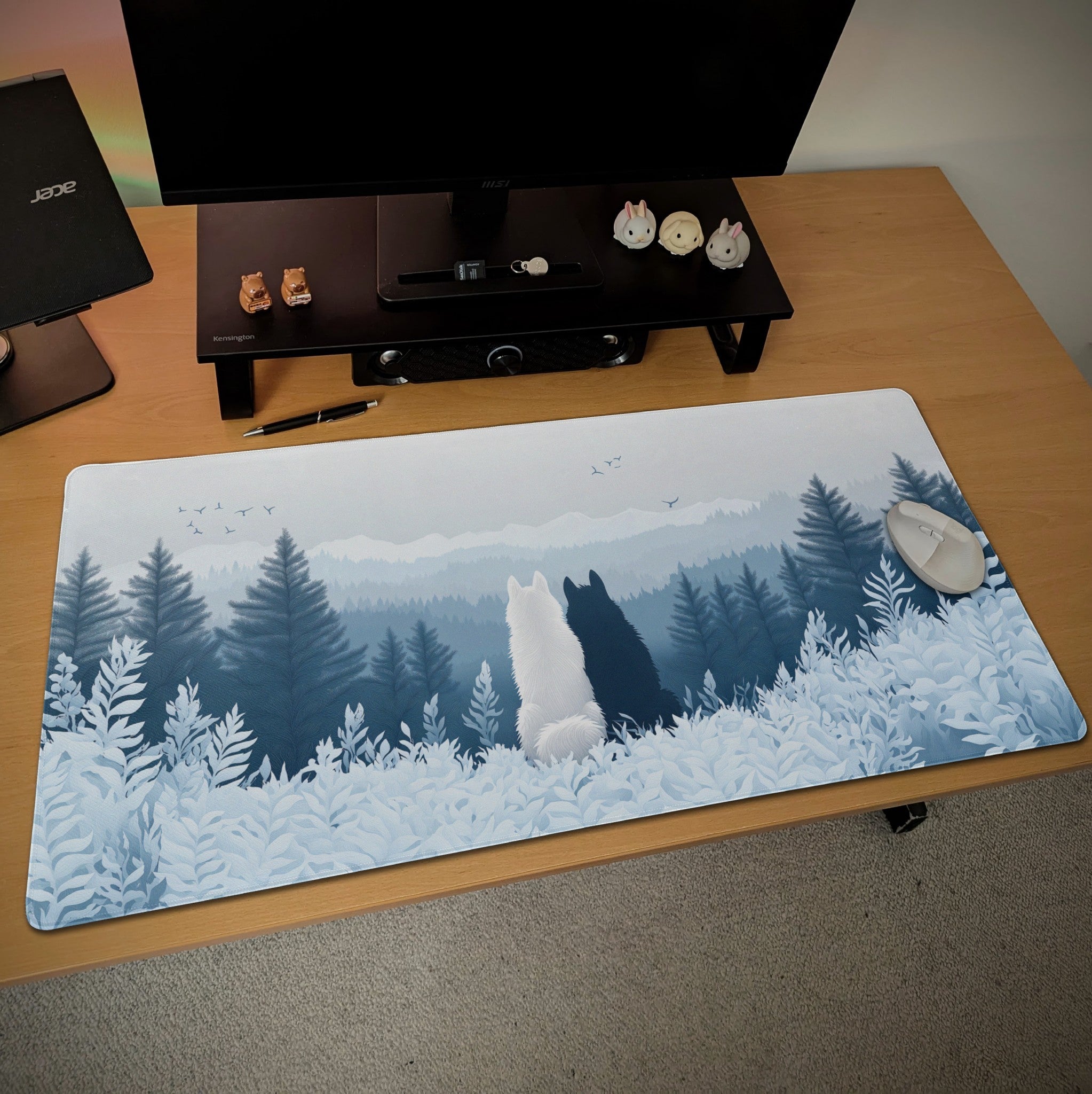Mystical Forest Wolf Desk Mat  Blue and White Snow Mountain  Minimalist Nature Mouse Pad