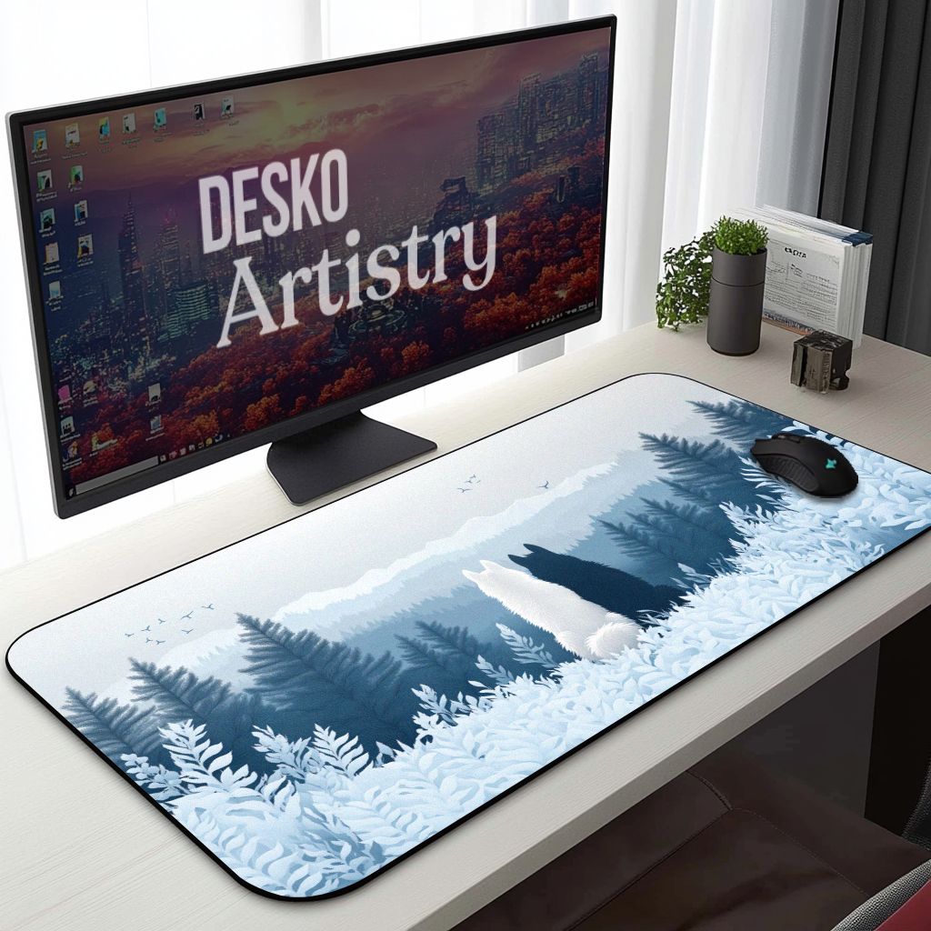 Mystical Forest Wolf Desk Mat Blue and White Snow Mountain Minimalist Nature Mouse Pad Mystical Forest Wolf Desk Mat Blue and White Snow Mountain Minimalist Nature Mouse Pad