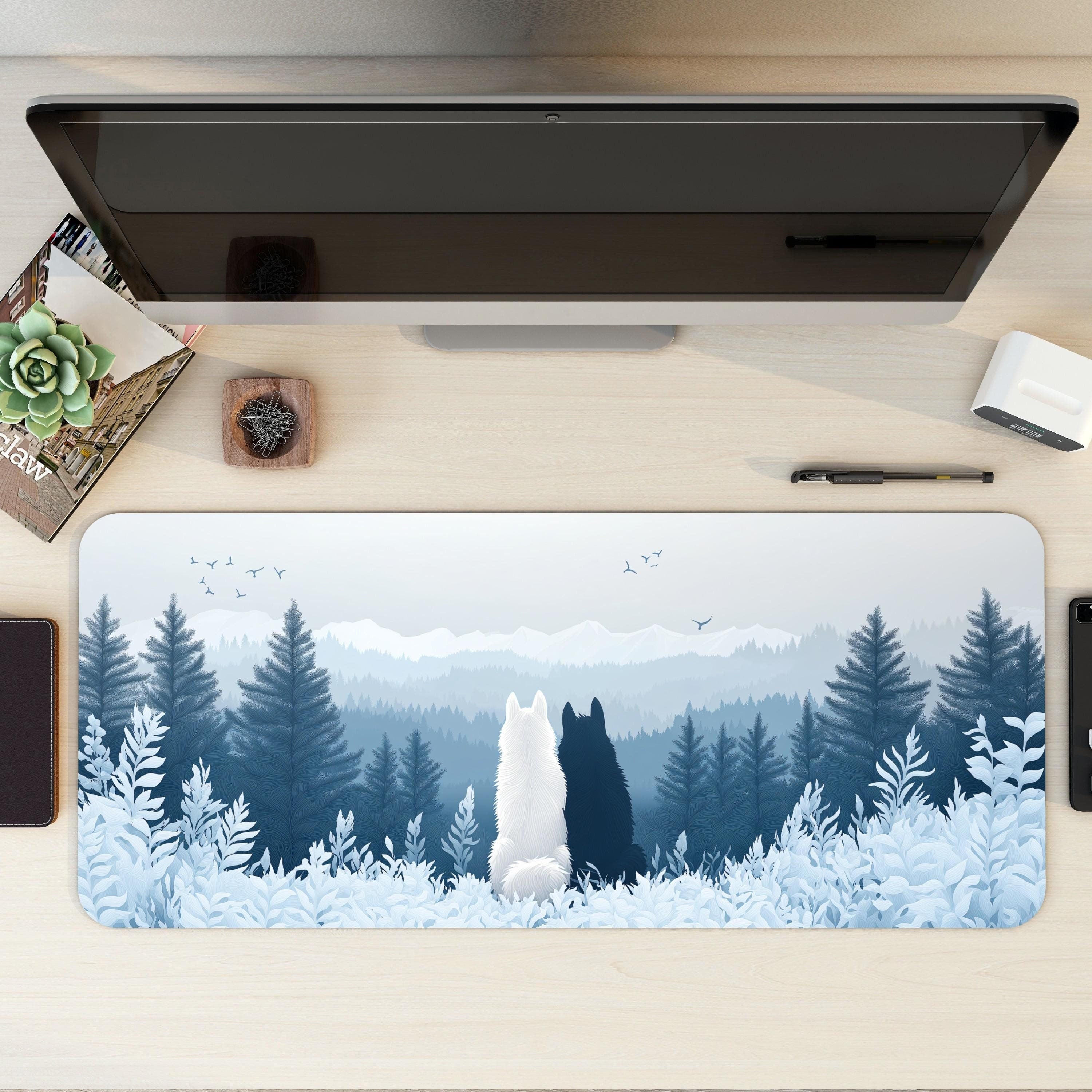Mystical Forest Wolf Desk Mat Blue and White Snow Mountain Minimalist Nature Mouse Pad Mystical Forest Wolf Desk Mat Blue and White Snow Mountain Minimalist Nature Mouse Pad