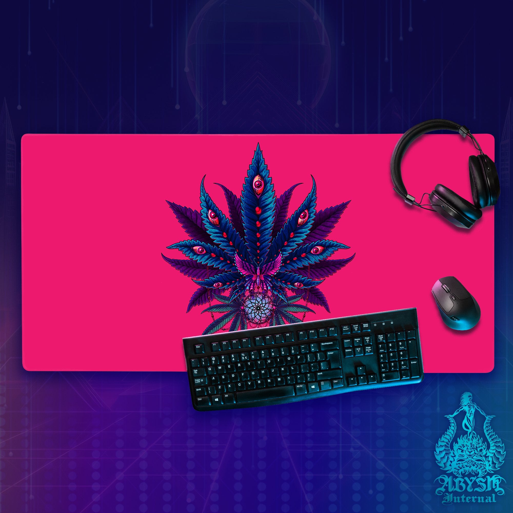 Neon Weed Gaming Desk Mat, Cannabis Mouse Pad, 420 Table Protector Cover, Marijuana Workpad, Art Print – Deep Pink and Green, 2 Colors