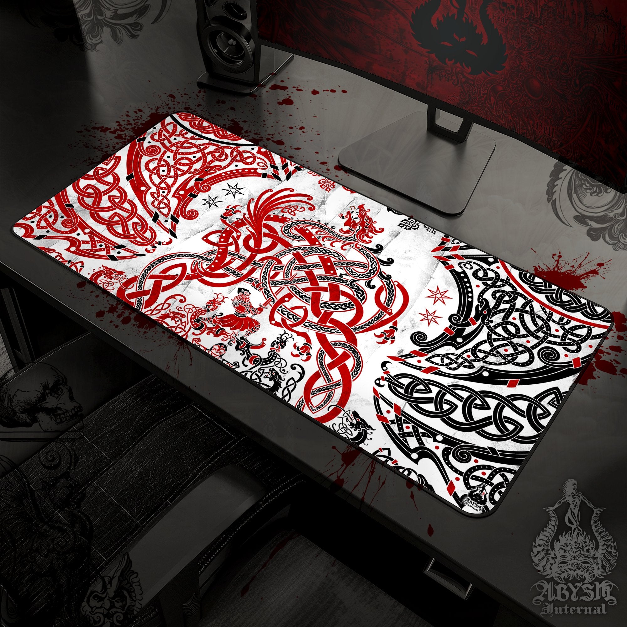 Nordic Dragon Desk Mat, Viking Gaming Mouse Pad, Norse Knotwork Table Protector Cover, Fafnir Workpad, Art Print – Red White Black