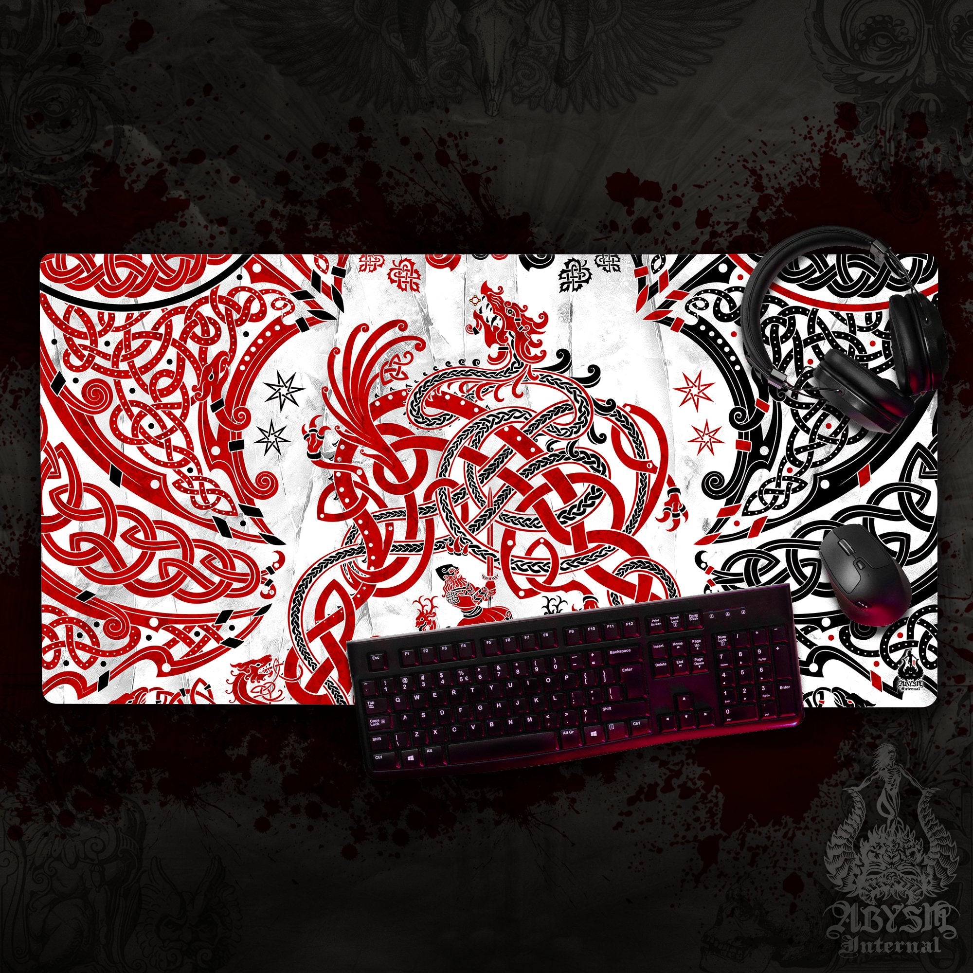 Nordic Dragon Desk Mat, Viking Gaming Mouse Pad, Norse Knotwork Table Protector Cover, Fafnir Workpad, Art Print – Red White Black Nordic Dragon Desk Mat, Viking Gaming Mouse Pad, Norse Knotwork Table Protector Cover, Fafnir Workpad, Art Print – Red White Black
