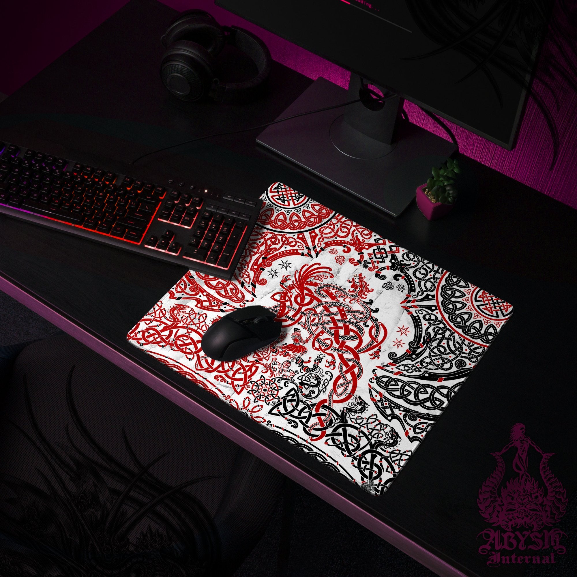 Nordic Dragon Desk Mat, Viking Gaming Mouse Pad, Norse Knotwork Table Protector Cover, Fafnir Workpad, Art Print – Red White Black Nordic Dragon Desk Mat, Viking Gaming Mouse Pad, Norse Knotwork Table Protector Cover, Fafnir Workpad, Art Print – Red White Black