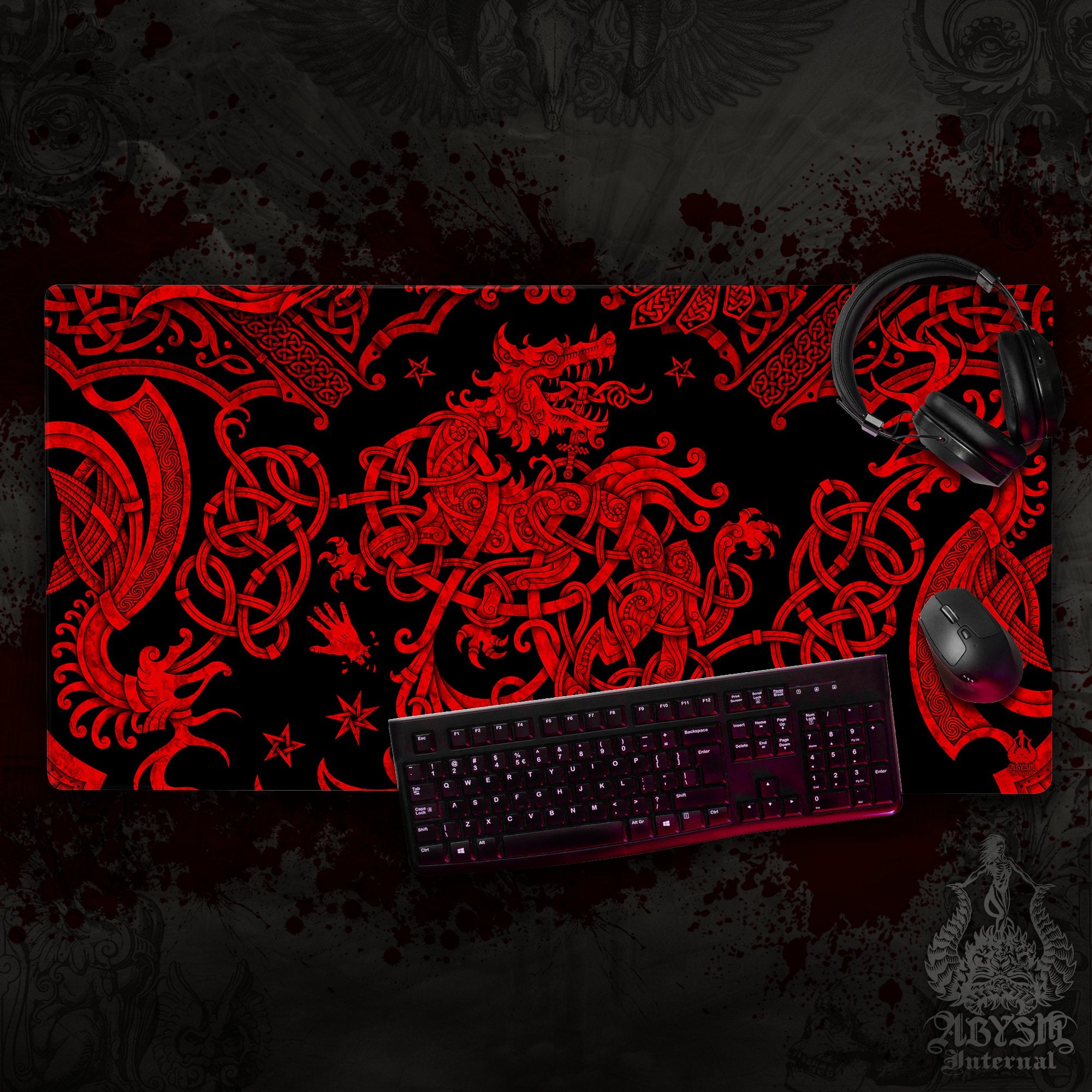 Nordic Wolf Gaming Mouse Pad, Viking Desk Mat, Fenrir Table Protector Cover, Norse Knotwork Workpad, Art Print – Black Red Nordic Wolf Gaming Mouse Pad, Viking Desk Mat, Fenrir Table Protector Cover, Norse Knotwork Workpad, Art Print – Black Red
