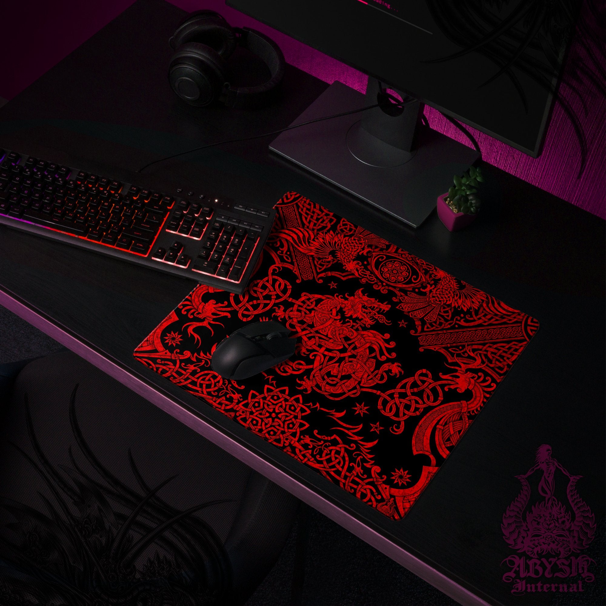 Nordic Wolf Gaming Mouse Pad, Viking Desk Mat, Fenrir Table Protector Cover, Norse Knotwork Workpad, Art Print – Black Red Nordic Wolf Gaming Mouse Pad, Viking Desk Mat, Fenrir Table Protector Cover, Norse Knotwork Workpad, Art Print – Black Red