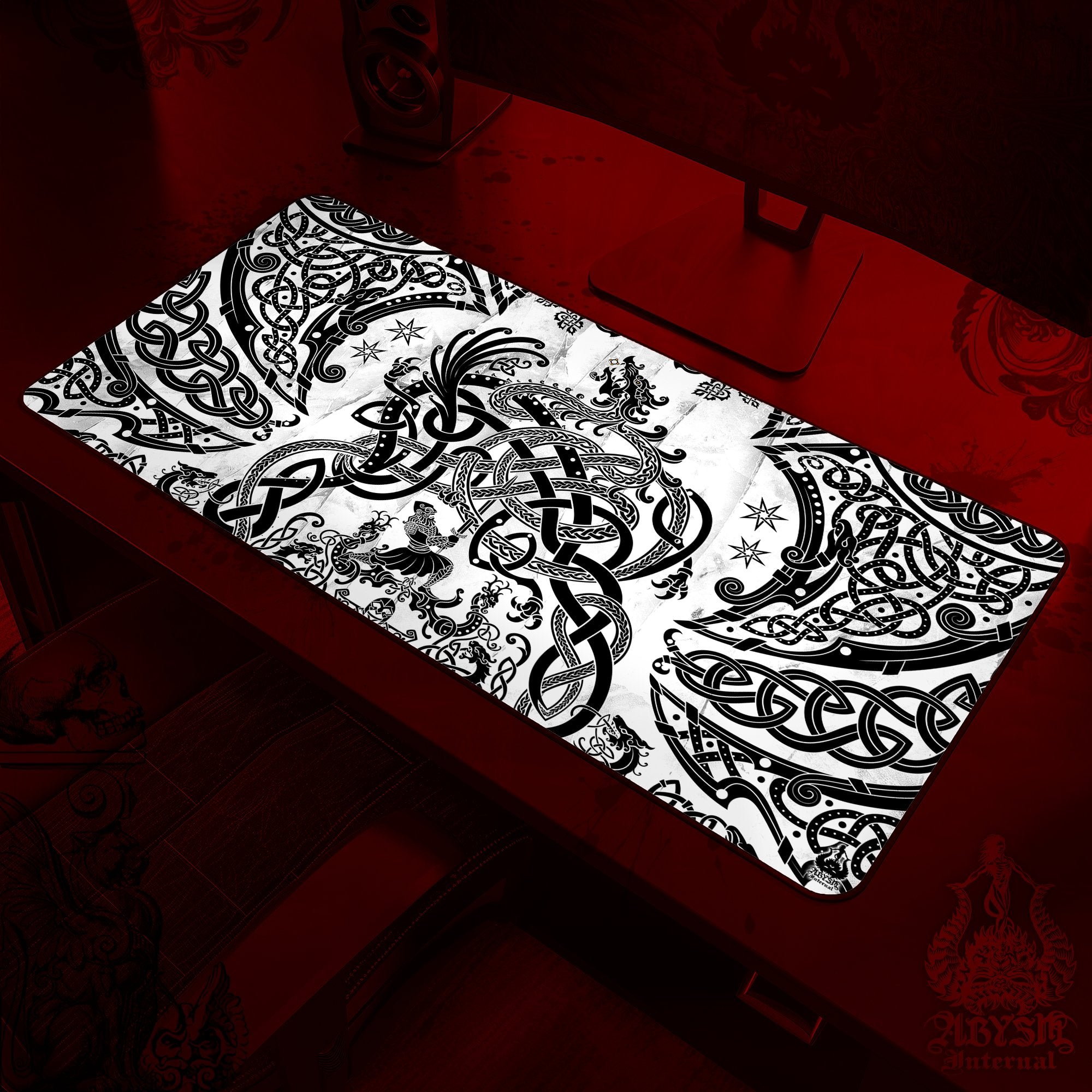 Norse Dragon Gaming Desk Mat, Viking Mouse Pad, Nordic Knotwork Table Protector Cover, Fafnir Workpad, Art Print – Black White
