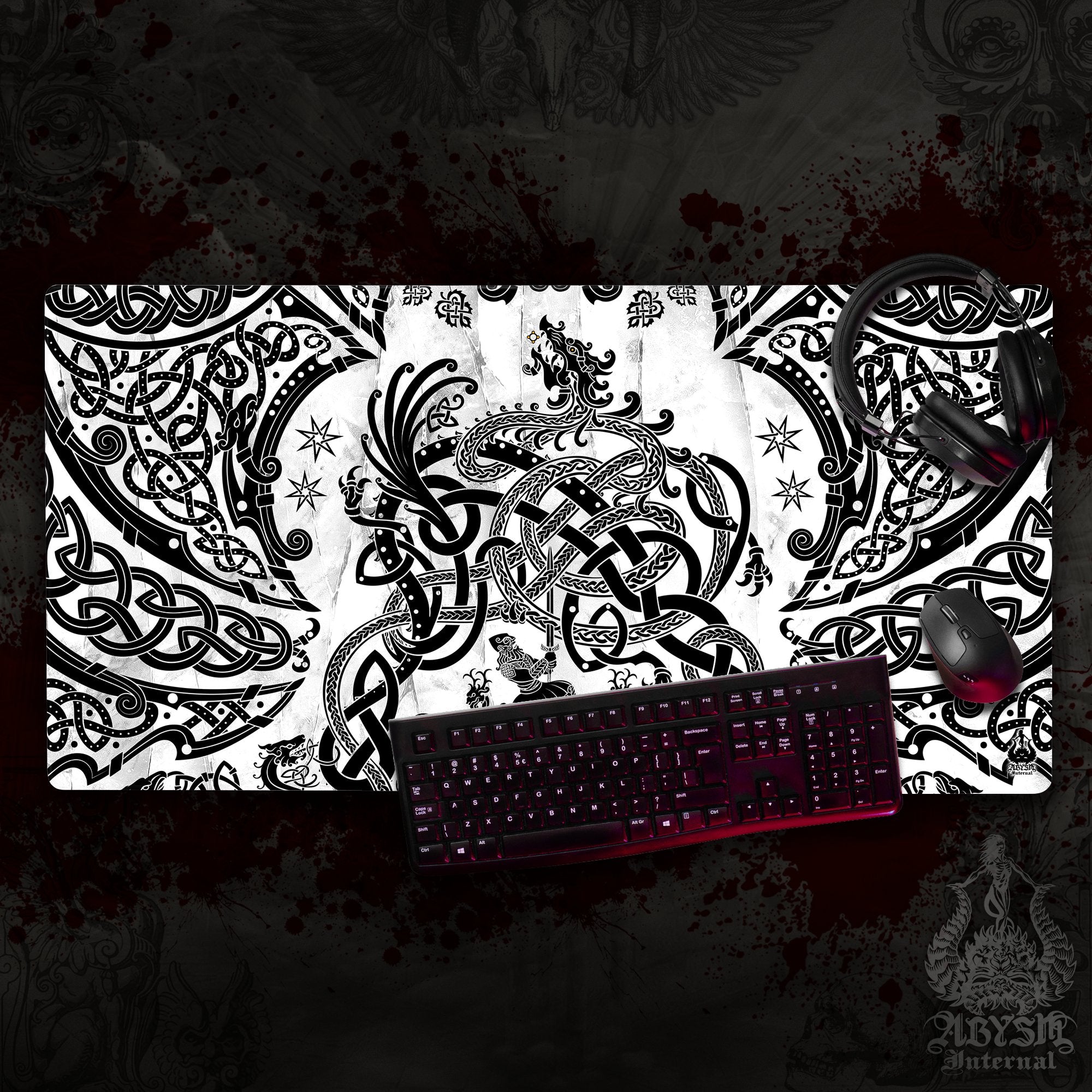 Norse Dragon Gaming Desk Mat, Viking Mouse Pad, Nordic Knotwork Table Protector Cover, Fafnir Workpad, Art Print – Black White Norse Dragon Gaming Desk Mat, Viking Mouse Pad, Nordic Knotwork Table Protector Cover, Fafnir Workpad, Art Print – Black White