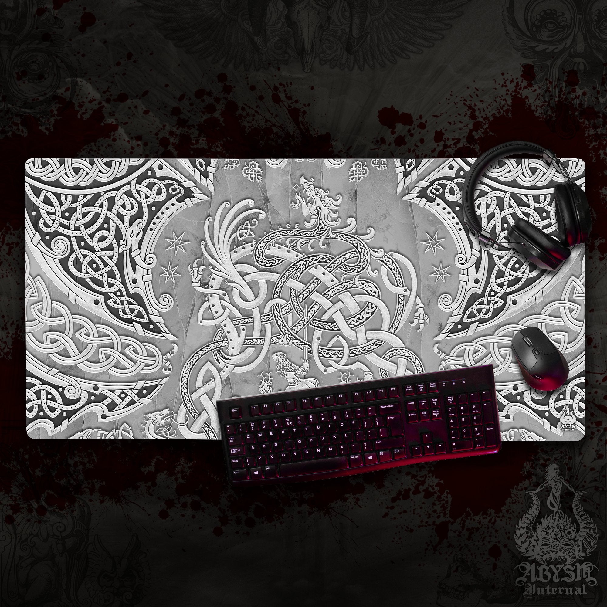 Norse Dragon Gaming Mouse Pad, Viking Desk Mat, Nordic Knotwork Table Protector Cover, Fafnir Workpad, Art Print – Stone and Gold, 2 Colors
