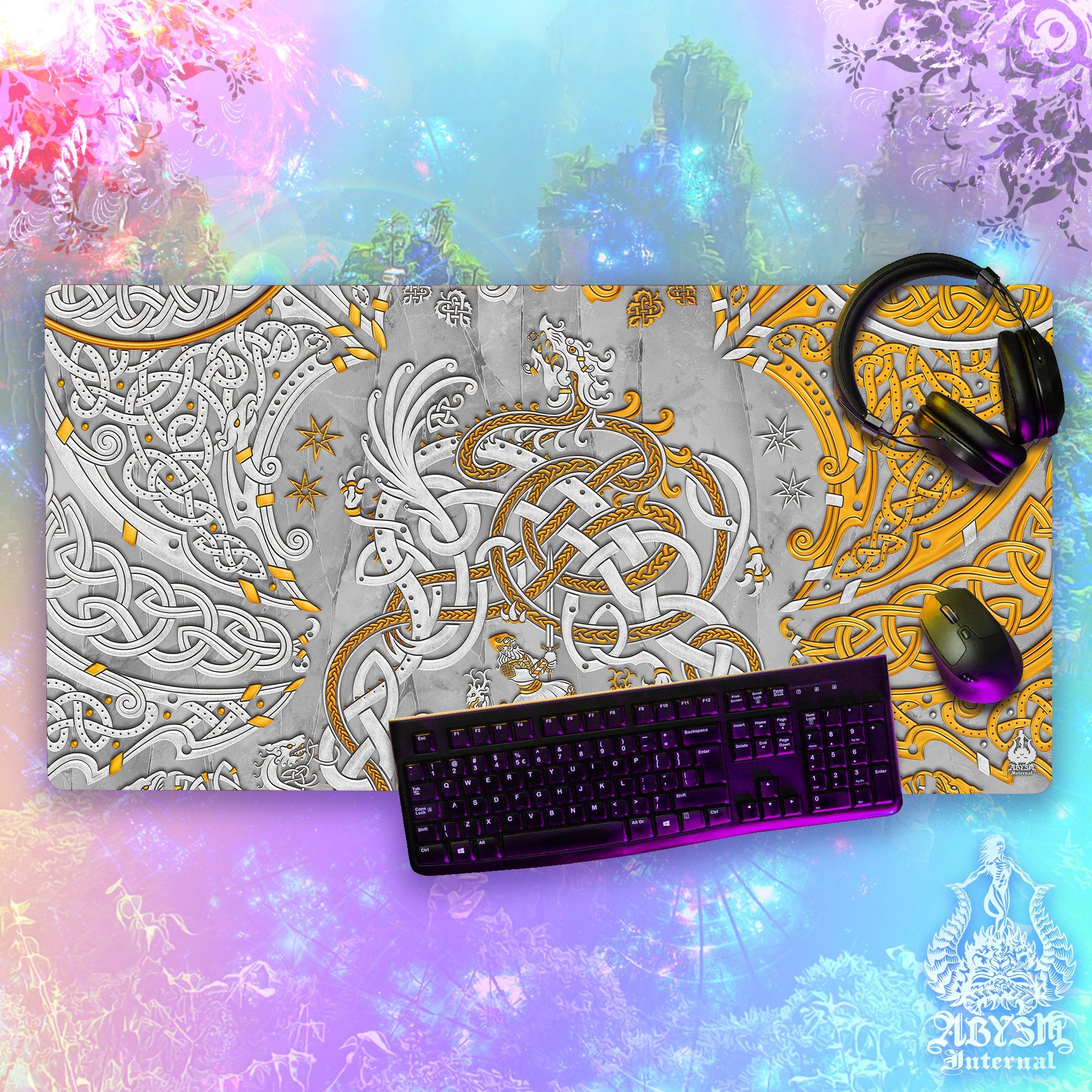 Norse Dragon Gaming Mouse Pad, Viking Desk Mat, Nordic Knotwork Table Protector Cover, Fafnir Workpad, Art Print – Stone and Gold, 2 Colors Norse Dragon Gaming Mouse Pad, Viking Desk Mat, Nordic Knotwork Table Protector Cover, Fafnir Workpad, Art Print – Stone and Gold, 2 Colors