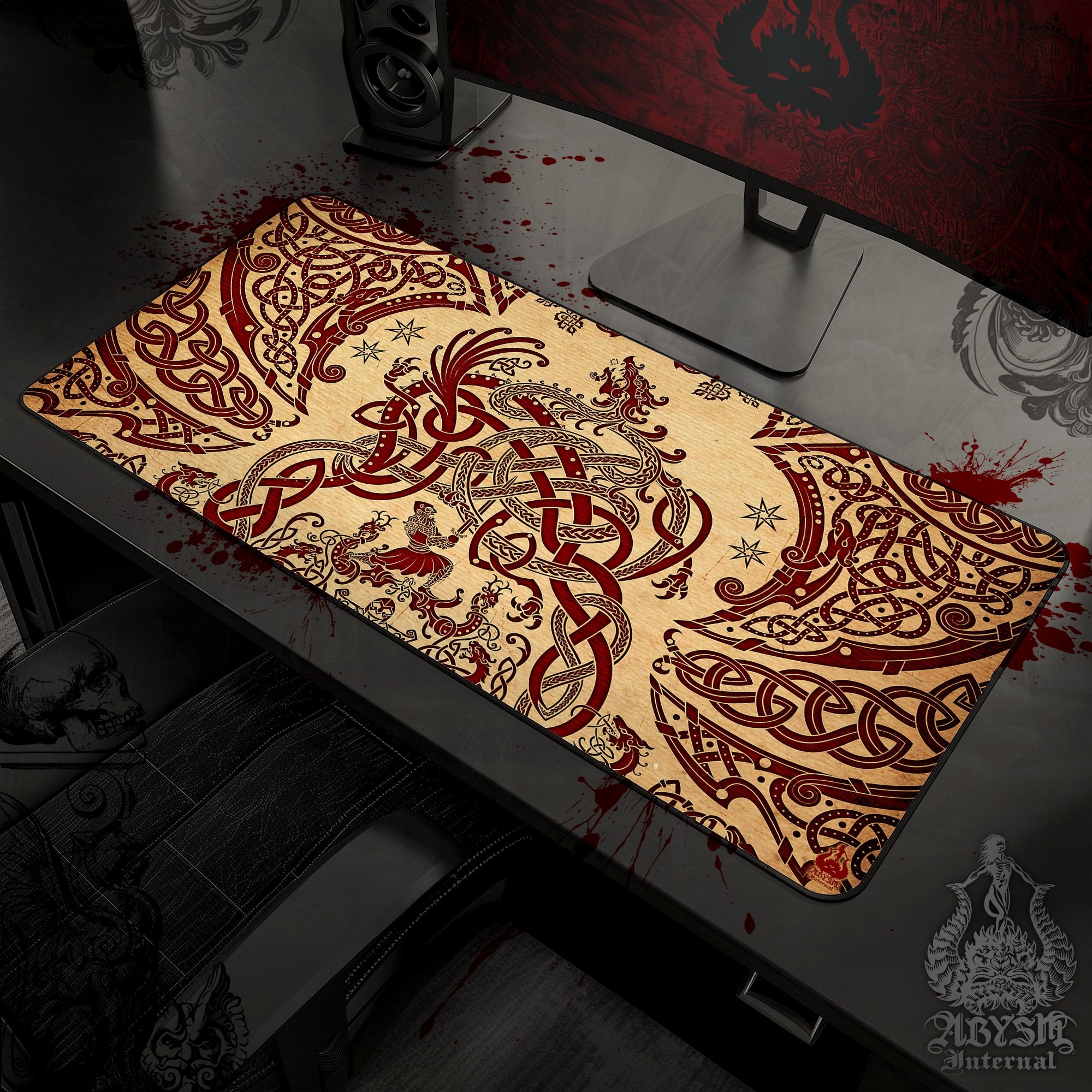 Norse Dragon Mouse Pad, Viking Gaming Desk Mat, Nordic Knotwork Workpad, Fafnir Table Protector Cover, Art Print – Paper