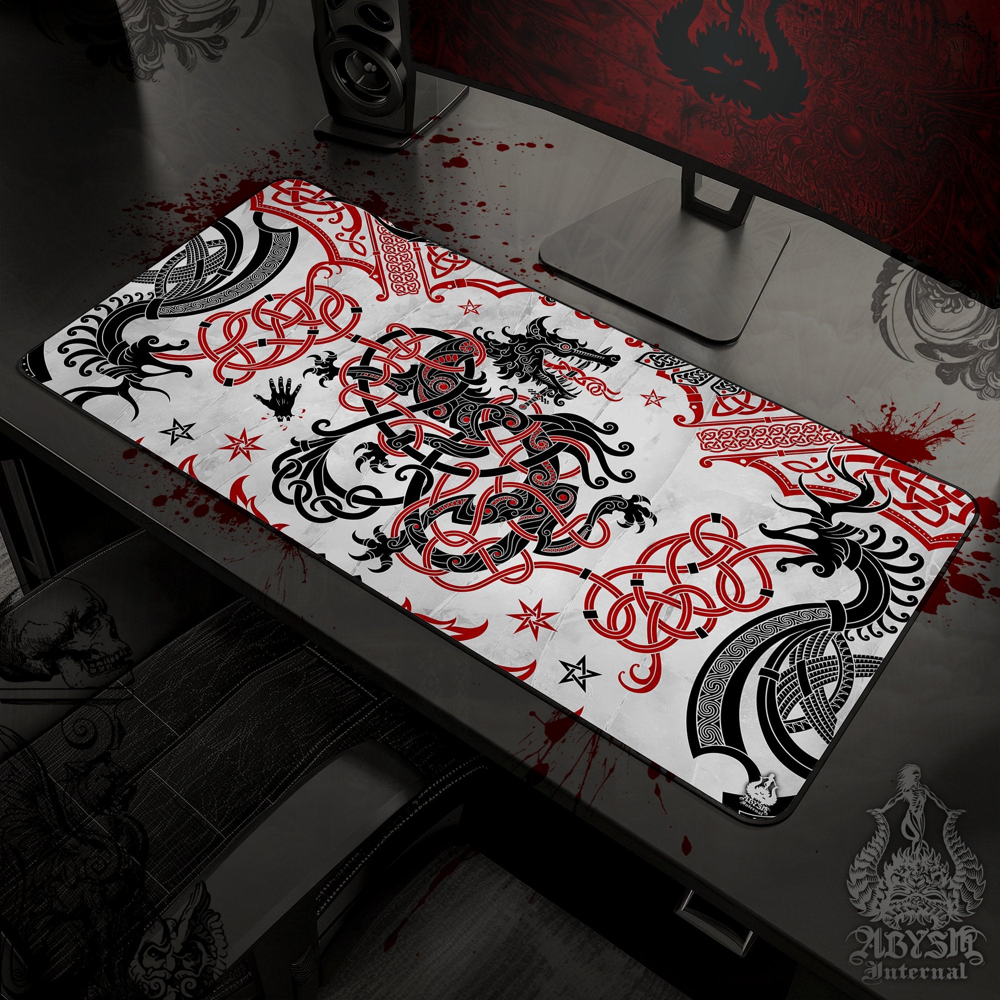 Norse Wolf Gaming Desk Mat, Viking Mouse Pad, Fenrir Table Protector Cover, Nordic Knotwork Workpad, Art Print – White Black Red