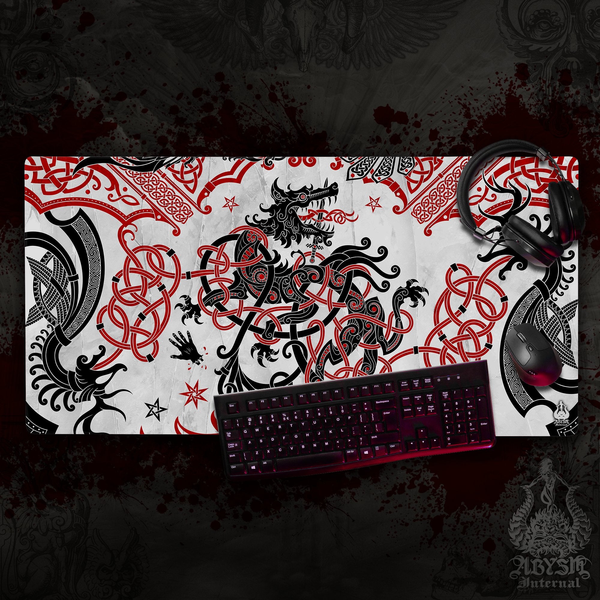 Norse Wolf Gaming Desk Mat, Viking Mouse Pad, Fenrir Table Protector Cover, Nordic Knotwork Workpad, Art Print – White Black Red Norse Wolf Gaming Desk Mat, Viking Mouse Pad, Fenrir Table Protector Cover, Nordic Knotwork Workpad, Art Print – White Black Red