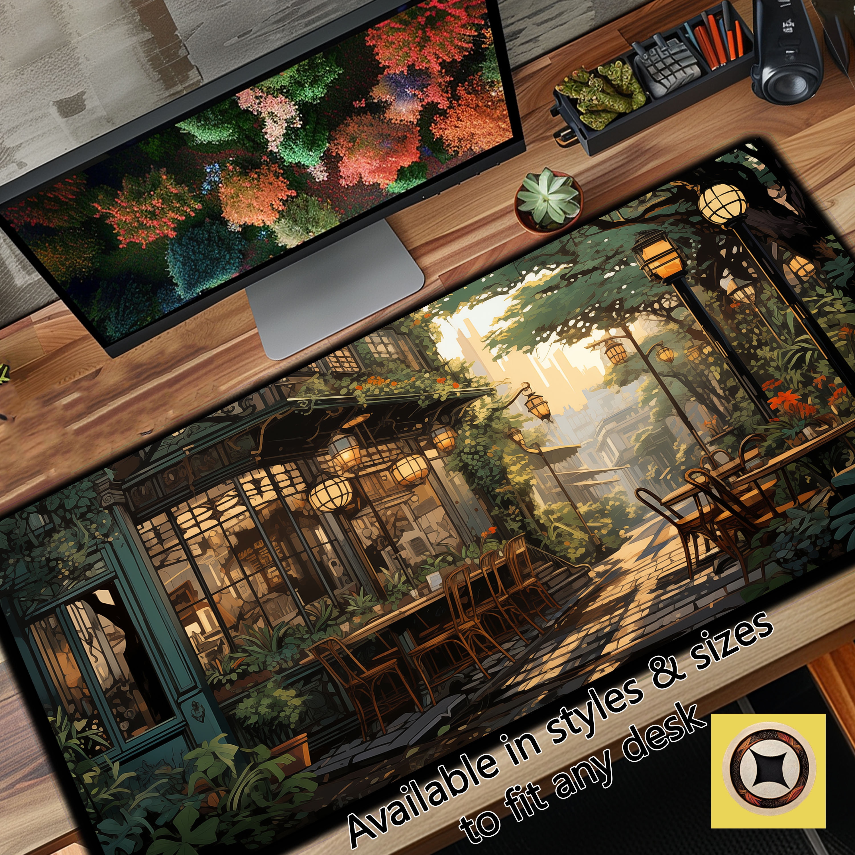 Nostalgic Peaceful Coffee Shop, Art Nouveau Inspired Desk Mat, Large Mouse Pad, Long Mousepad, Anime Desk Pad, Cute Kawaii Desk