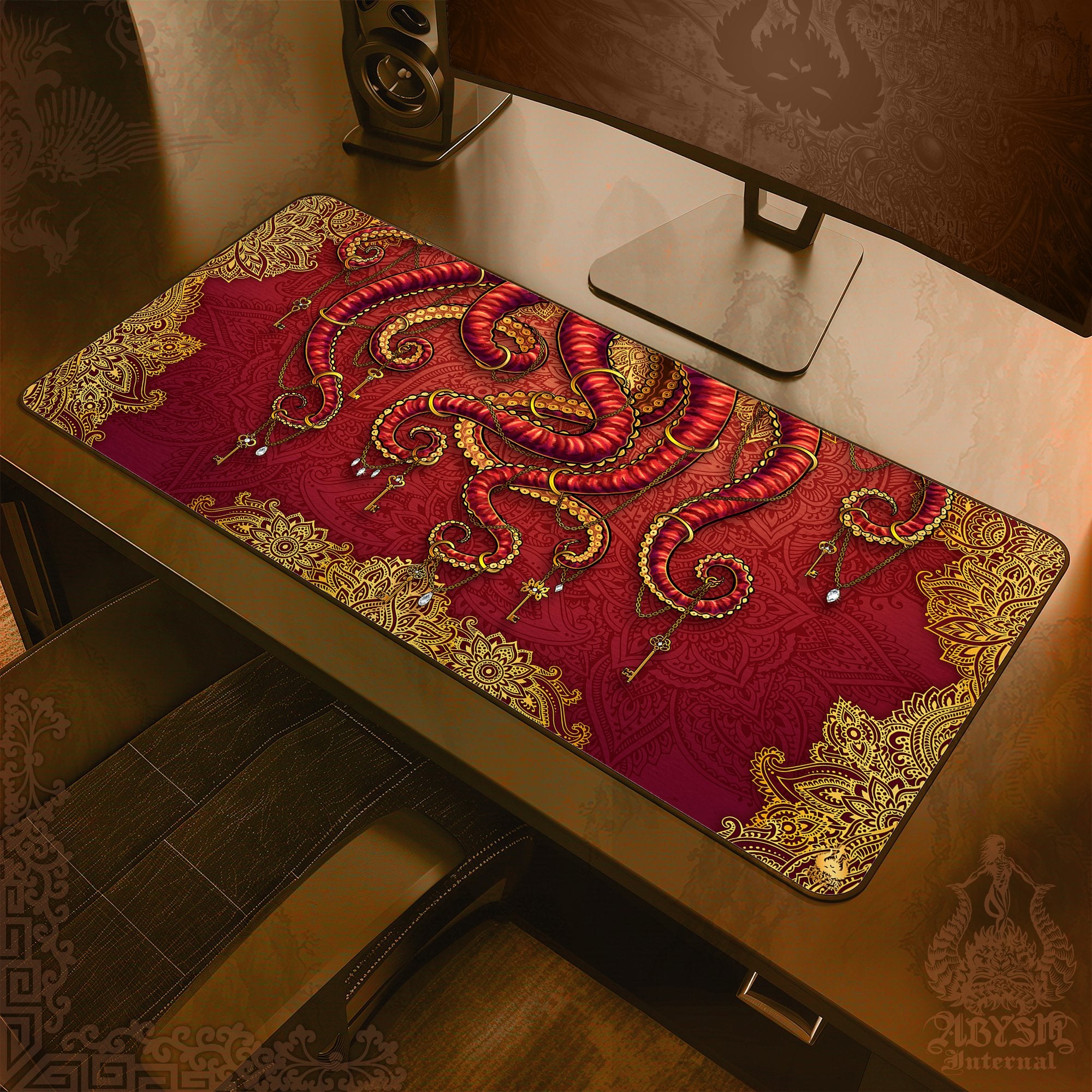 Octopus Desk Mat, Tentacles Gaming Mouse Pad, Boho Table Protector Cover, Indie Workpad, Fantasy Art Print – Mandalas