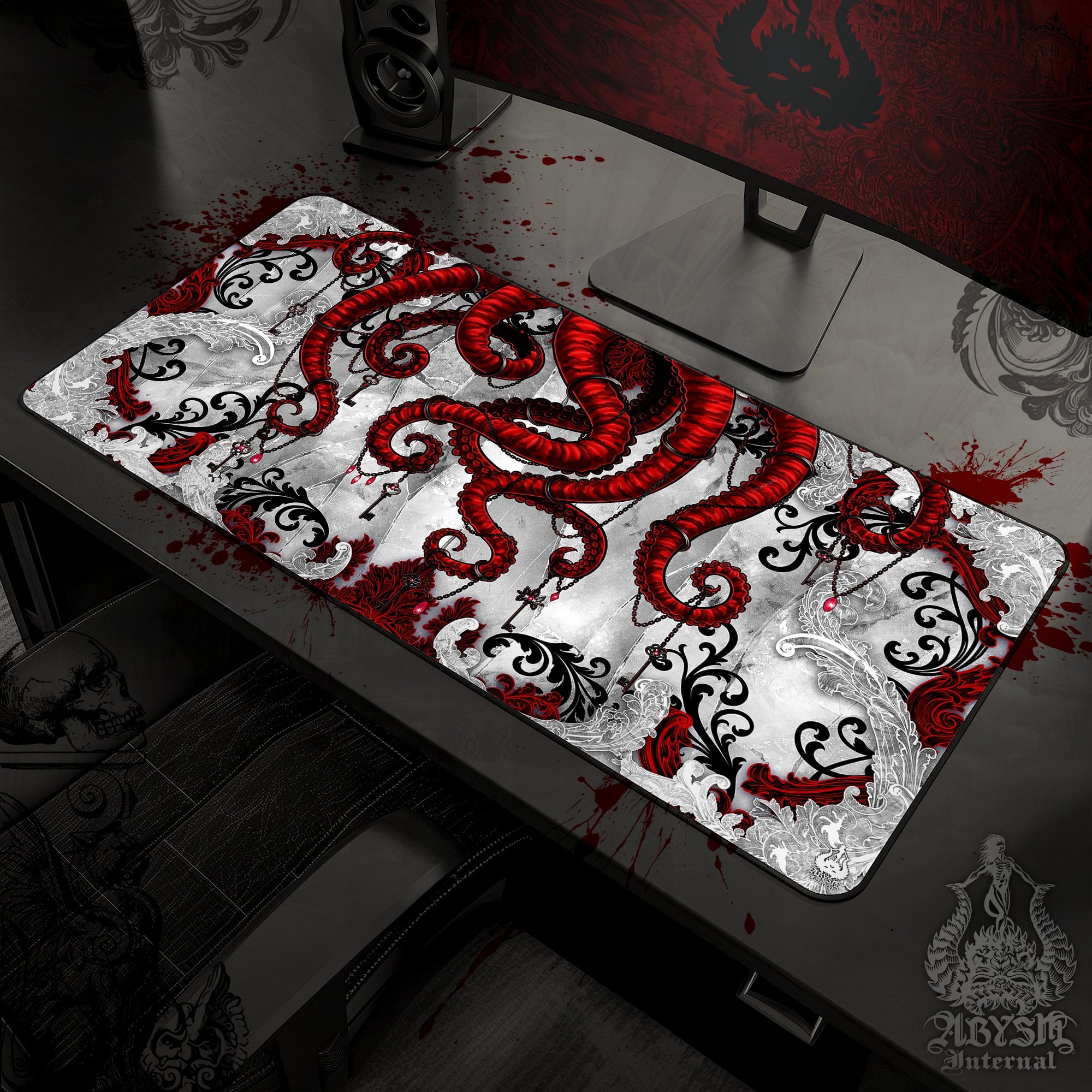 Octopus Gaming Desk Mat, Red Tentacles Mouse Pad, Gothic Gamer Table Protector Cover, Bloody White Goth Workpad, Fantasy Art Print