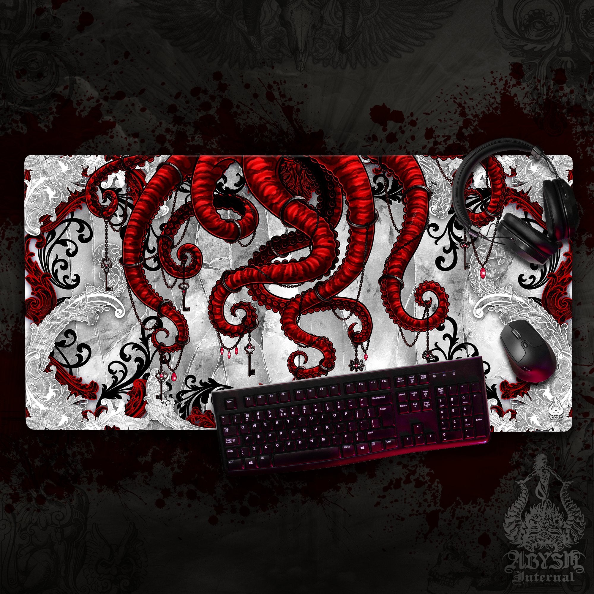 Octopus Gaming Desk Mat, Red Tentacles Mouse Pad, Gothic Gamer Table Protector Cover, Bloody White Goth Workpad, Fantasy Art Print Octopus Gaming Desk Mat, Red Tentacles Mouse Pad, Gothic Gamer Table Protector Cover, Bloody White Goth Workpad, Fantasy Art Print