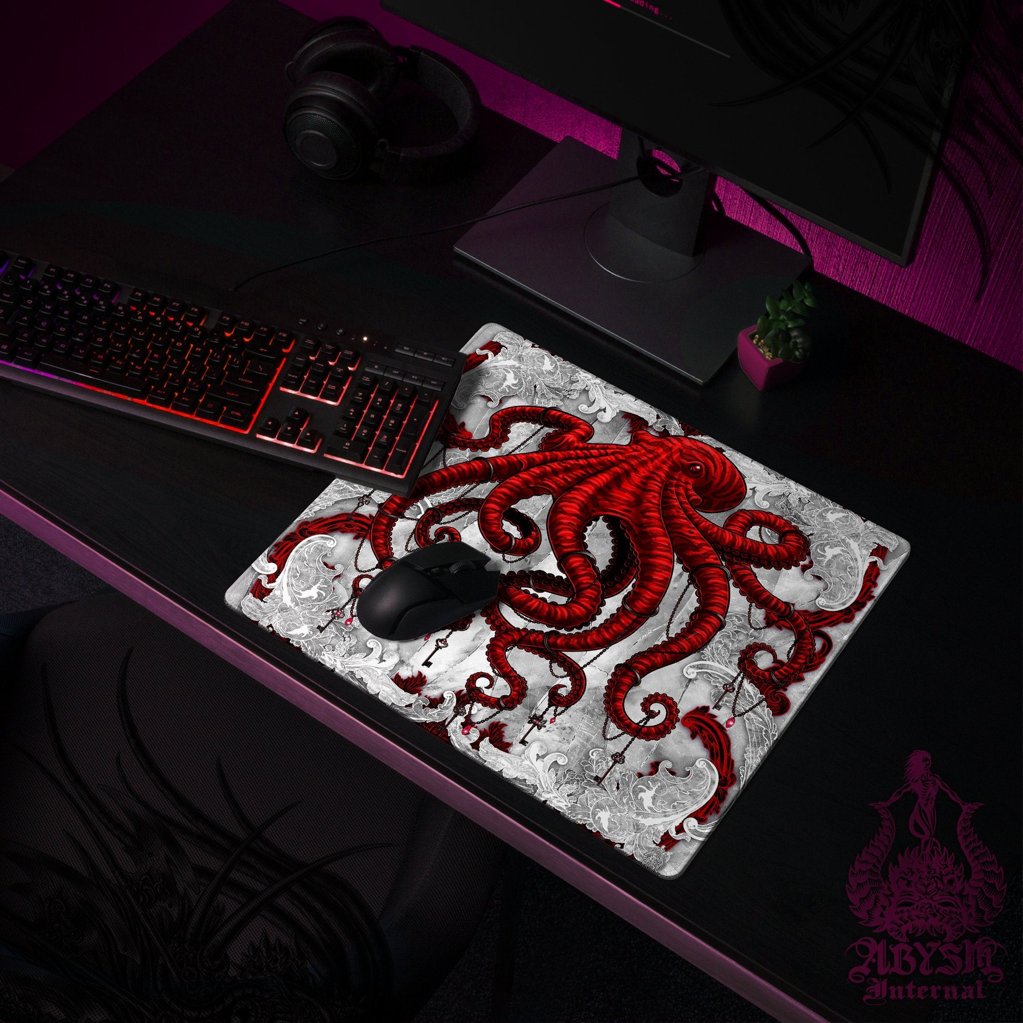 Octopus Gaming Desk Mat, Red Tentacles Mouse Pad, Gothic Gamer Table Protector Cover, Bloody White Goth Workpad, Fantasy Art Print Octopus Gaming Desk Mat, Red Tentacles Mouse Pad, Gothic Gamer Table Protector Cover, Bloody White Goth Workpad, Fantasy Art Print
