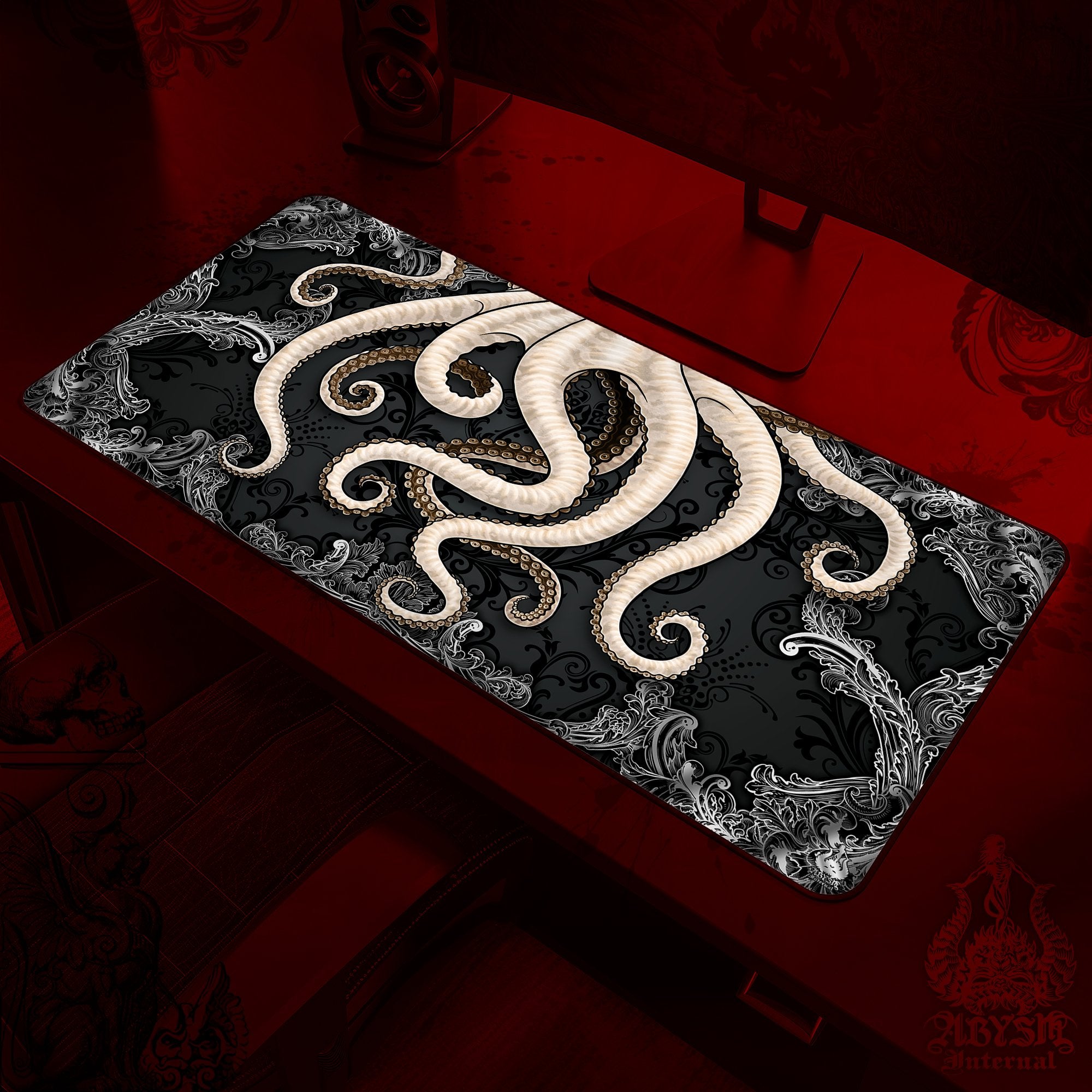 Octopus Gaming Desk Mat, Tentacles Mouse Pad, Black and White Table Protector Cover, Dark Workpad, Fantasy Art Print