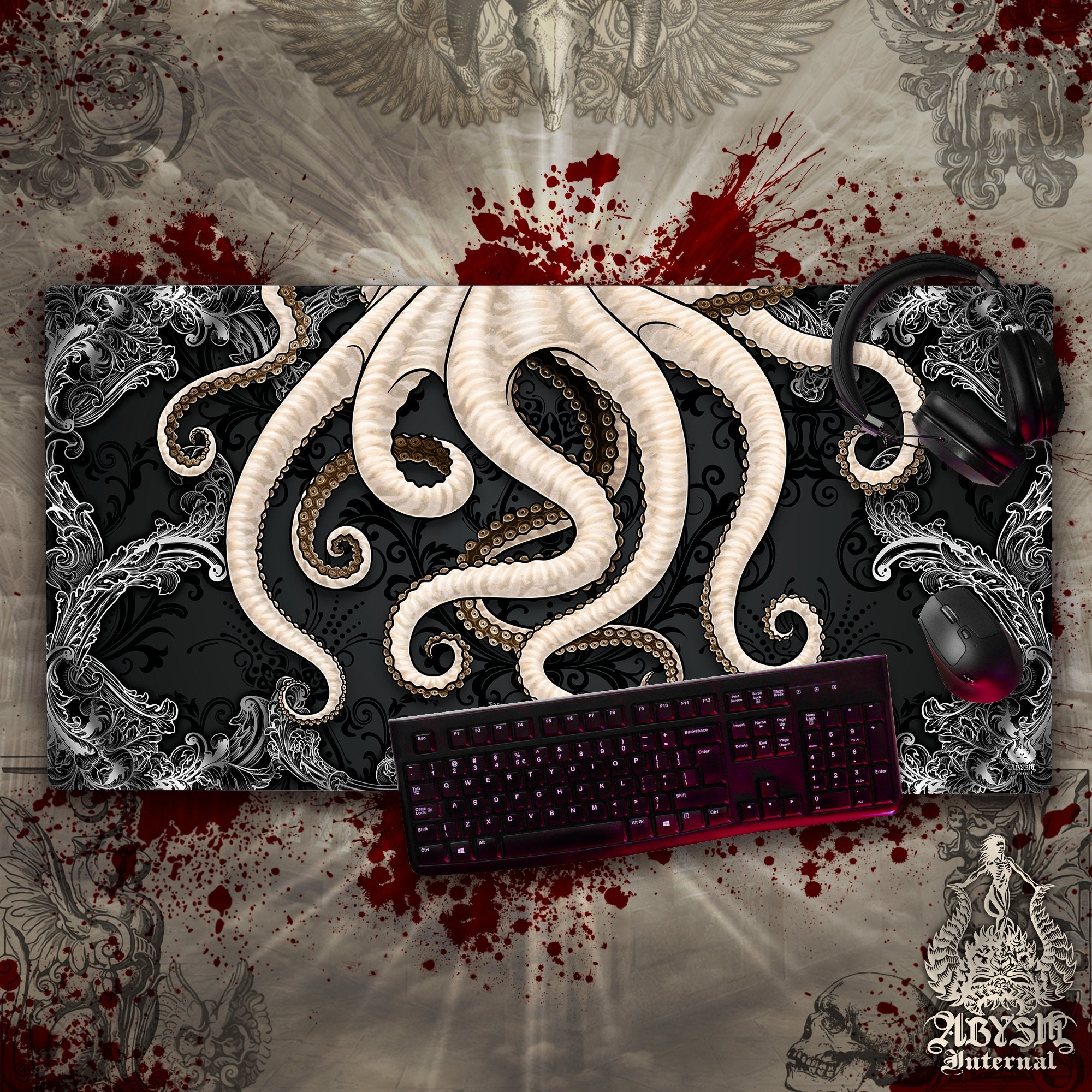 Octopus Gaming Desk Mat, Tentacles Mouse Pad, Black and White Table Protector Cover, Dark Workpad, Fantasy Art Print Octopus Gaming Desk Mat, Tentacles Mouse Pad, Black and White Table Protector Cover, Dark Workpad, Fantasy Art Print