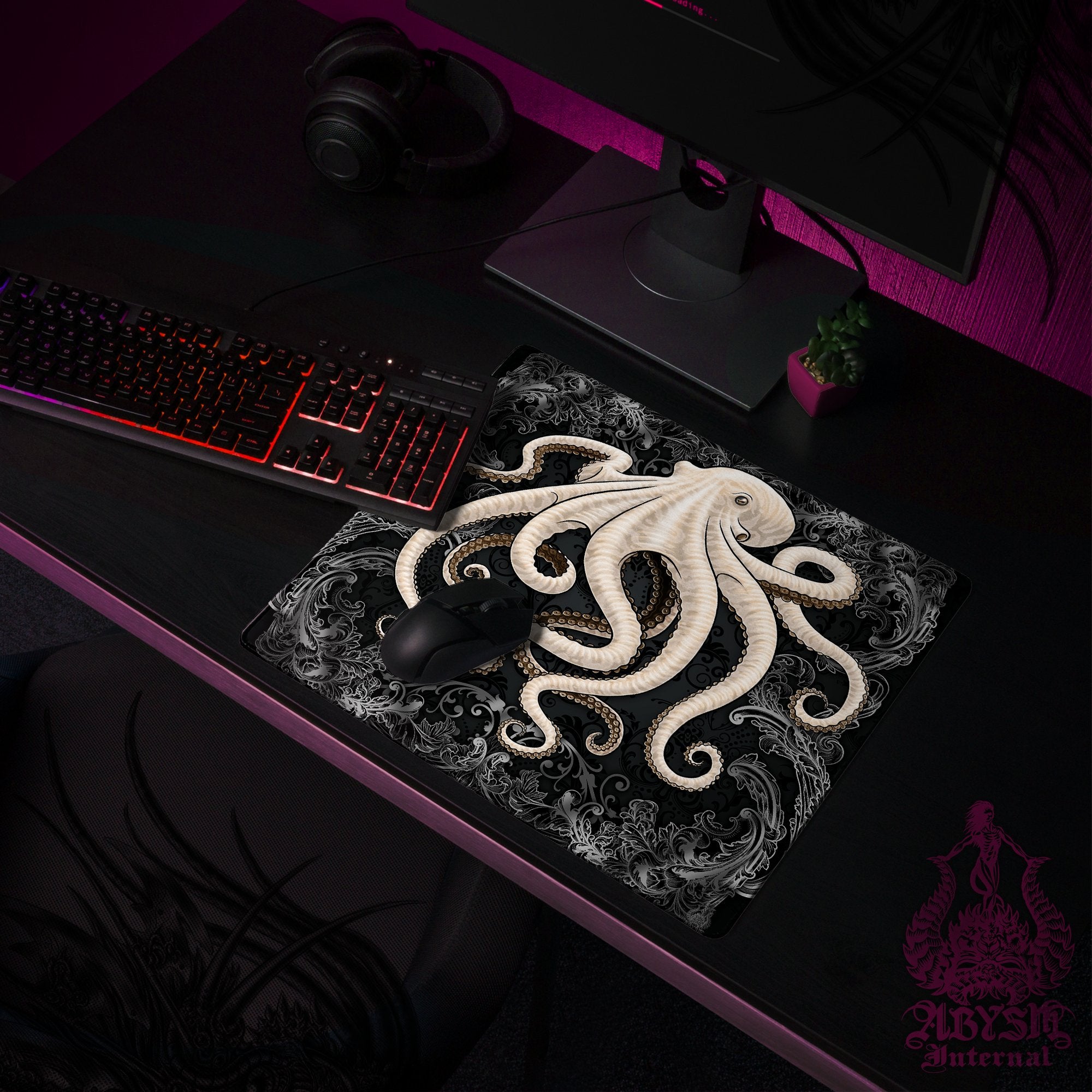Octopus Gaming Desk Mat, Tentacles Mouse Pad, Black and White Table Protector Cover, Dark Workpad, Fantasy Art Print Octopus Gaming Desk Mat, Tentacles Mouse Pad, Black and White Table Protector Cover, Dark Workpad, Fantasy Art Print