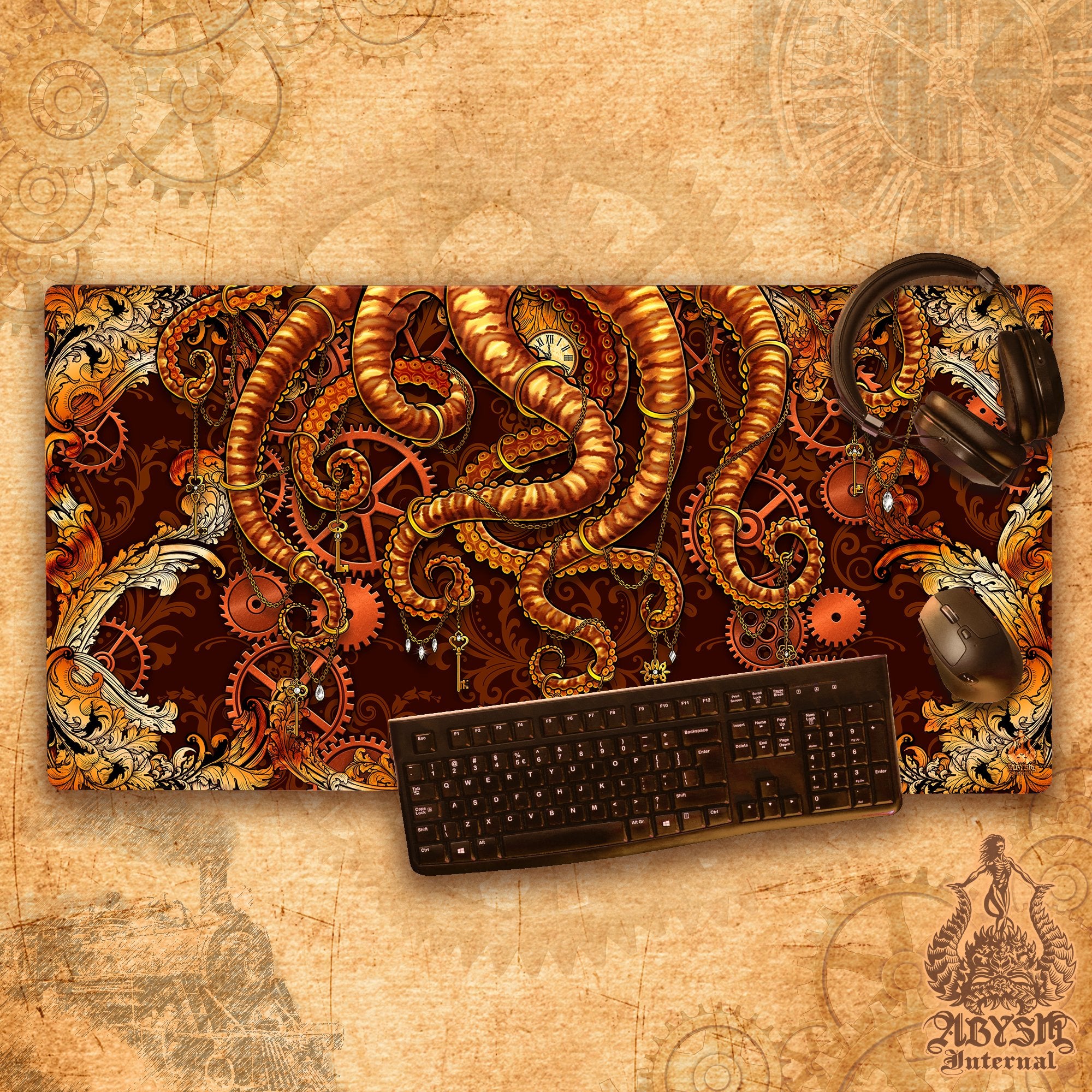 Octopus Gaming Desk Mat, Tentacles Mouse Pad, Steampunk Table Protector Cover, Gears Workpad, Fantasy Art Print Octopus Gaming Desk Mat, Tentacles Mouse Pad, Steampunk Table Protector Cover, Gears Workpad, Fantasy Art Print