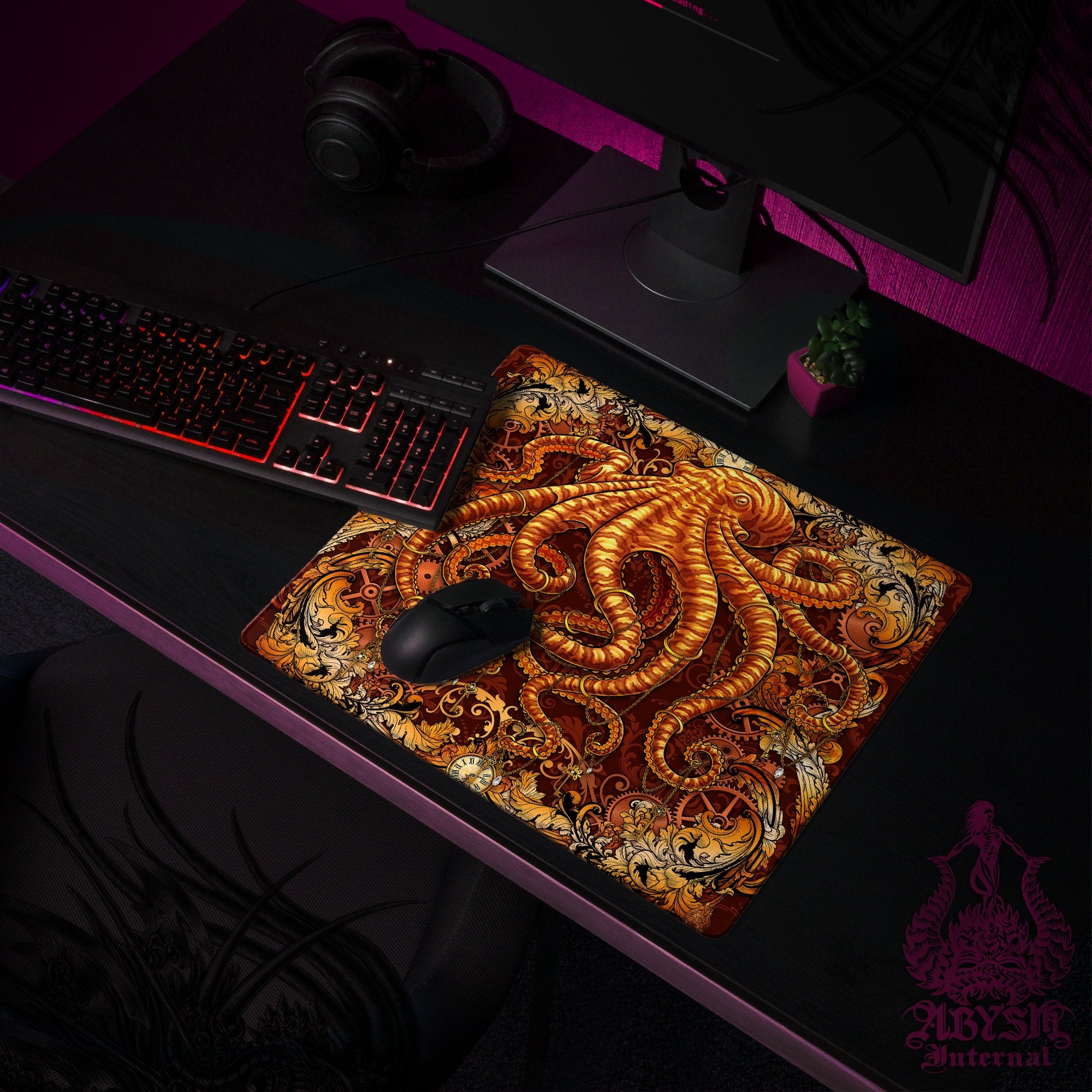Octopus Gaming Desk Mat, Tentacles Mouse Pad, Steampunk Table Protector Cover, Gears Workpad, Fantasy Art Print Octopus Gaming Desk Mat, Tentacles Mouse Pad, Steampunk Table Protector Cover, Gears Workpad, Fantasy Art Print