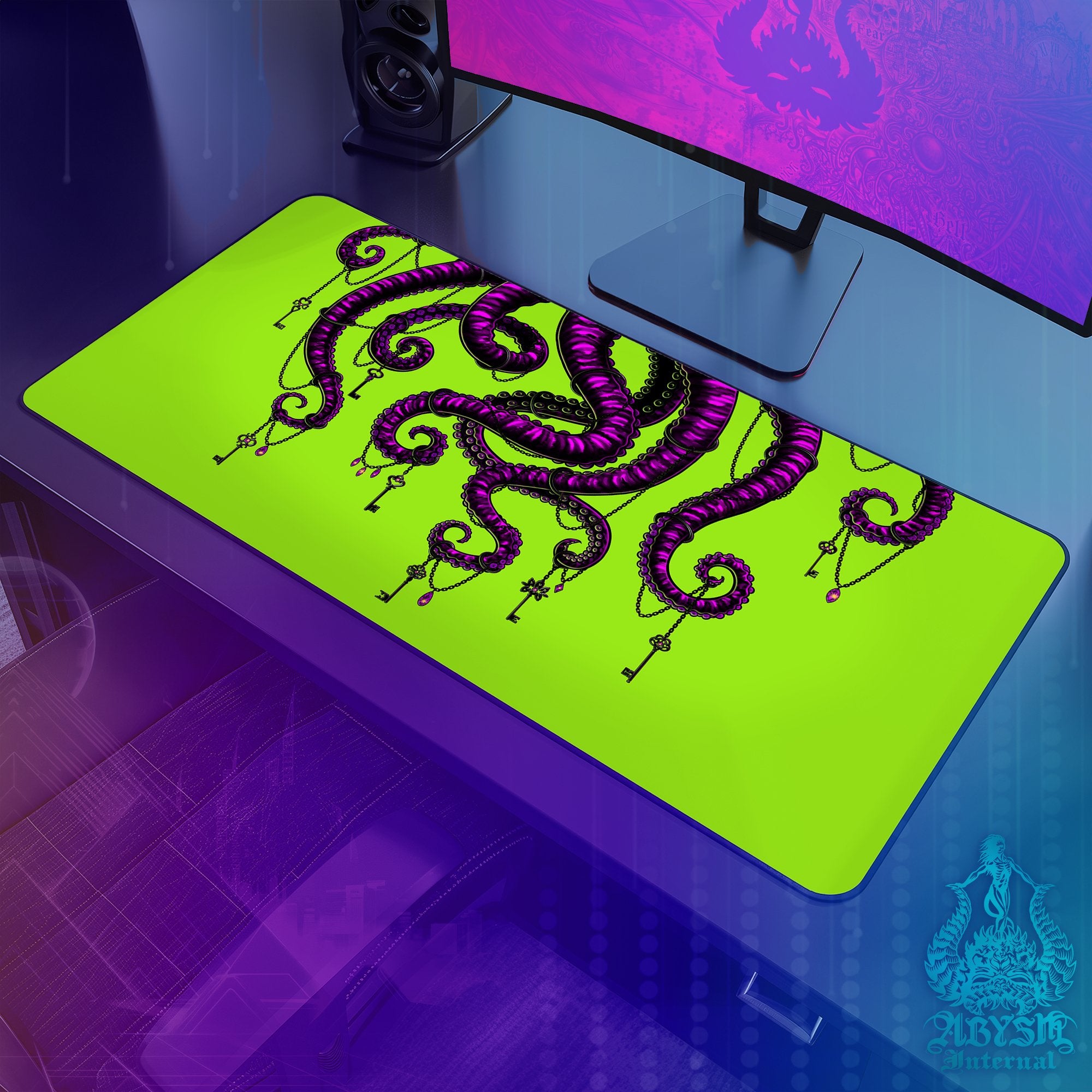 Octopus Gaming Mouse Pad, Neon Horror Desk Mat, Gamer Table Protector Cover, Tentacles Workpad, Fantasy Art Print