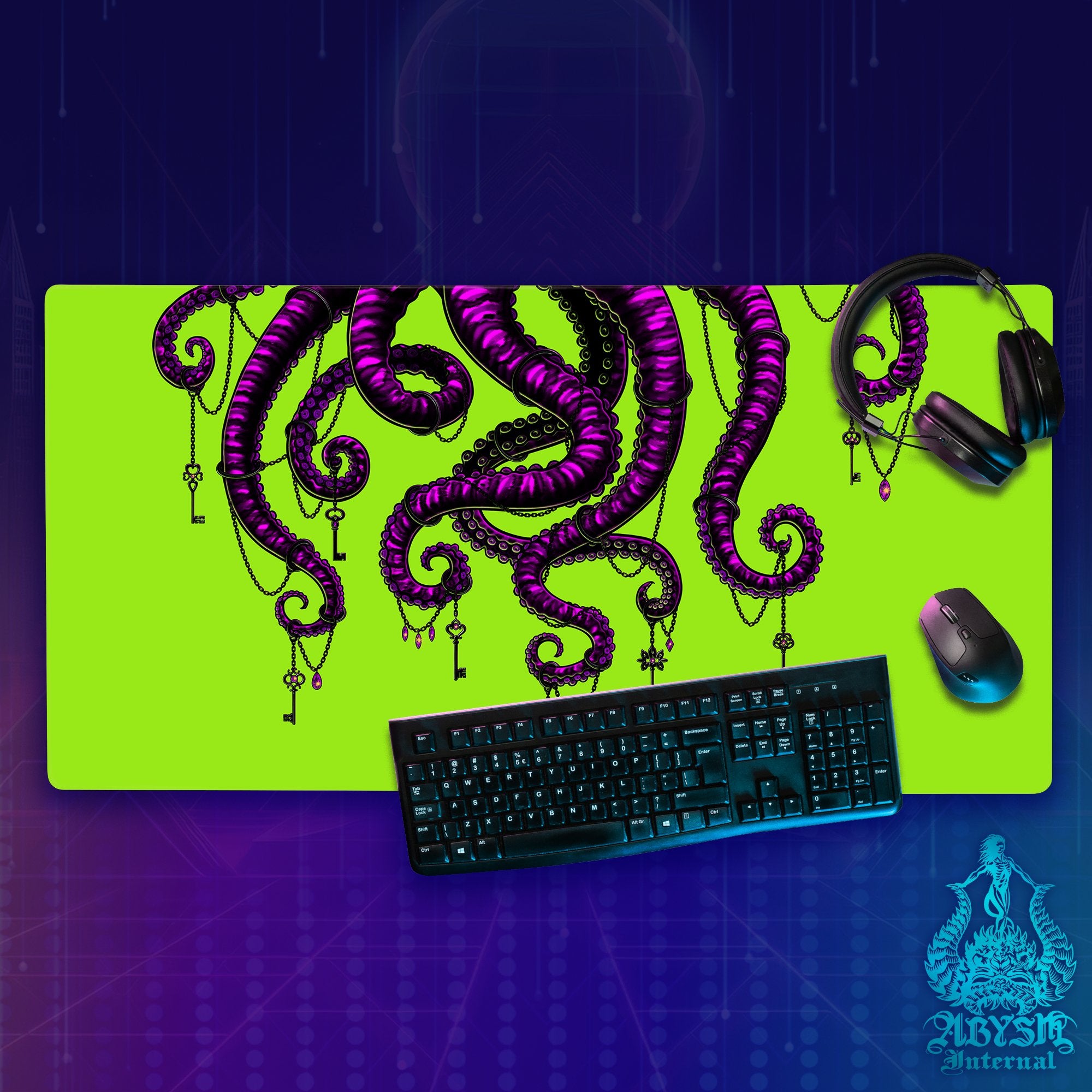 Octopus Gaming Mouse Pad, Neon Horror Desk Mat, Gamer Table Protector Cover, Tentacles Workpad, Fantasy Art Print Octopus Gaming Mouse Pad, Neon Horror Desk Mat, Gamer Table Protector Cover, Tentacles Workpad, Fantasy Art Print