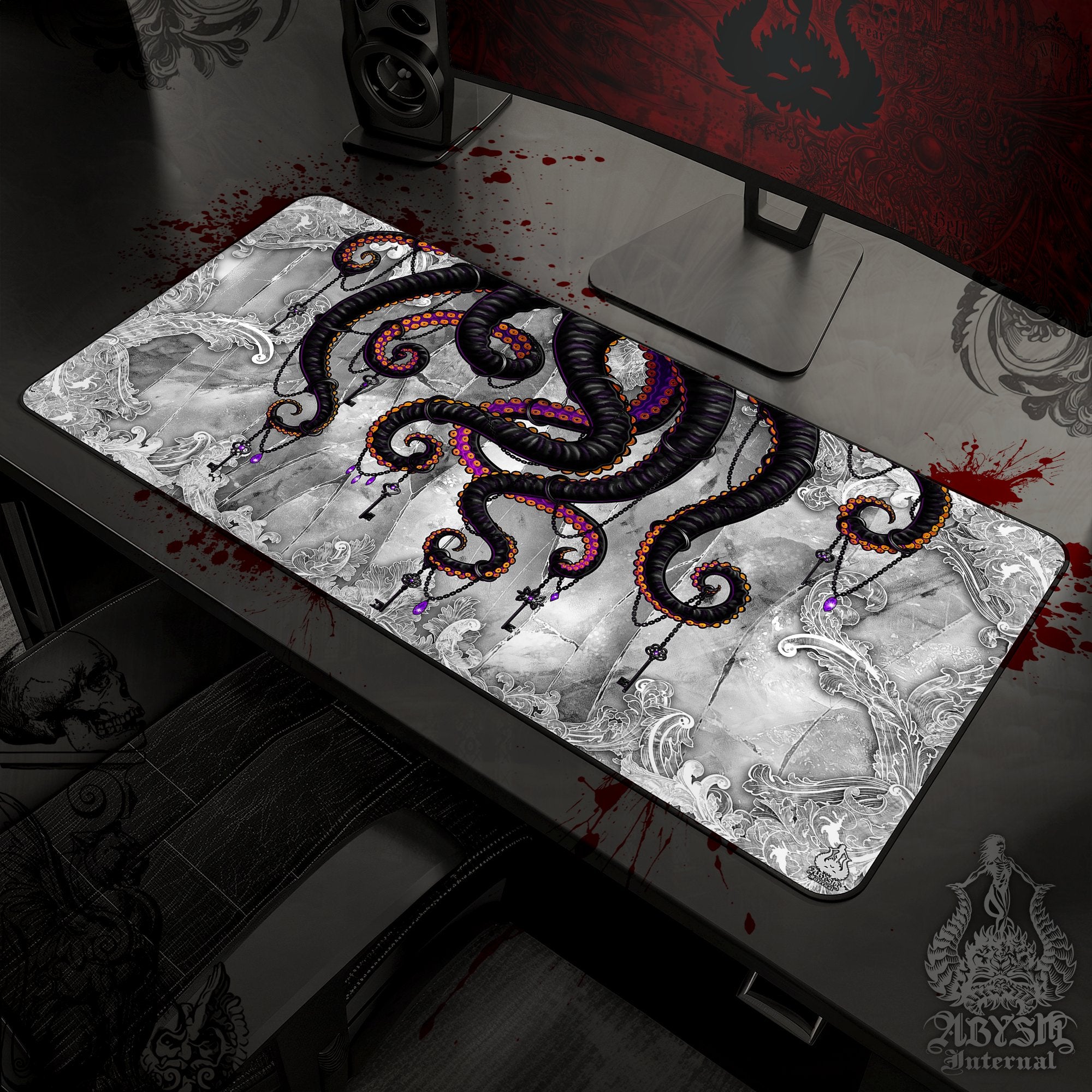 Octopus Gaming Mouse Pad, Tentacles Desk Mat, Gamer Table Protector Cover, White Goth Workpad, Fantasy Art Print – Stone